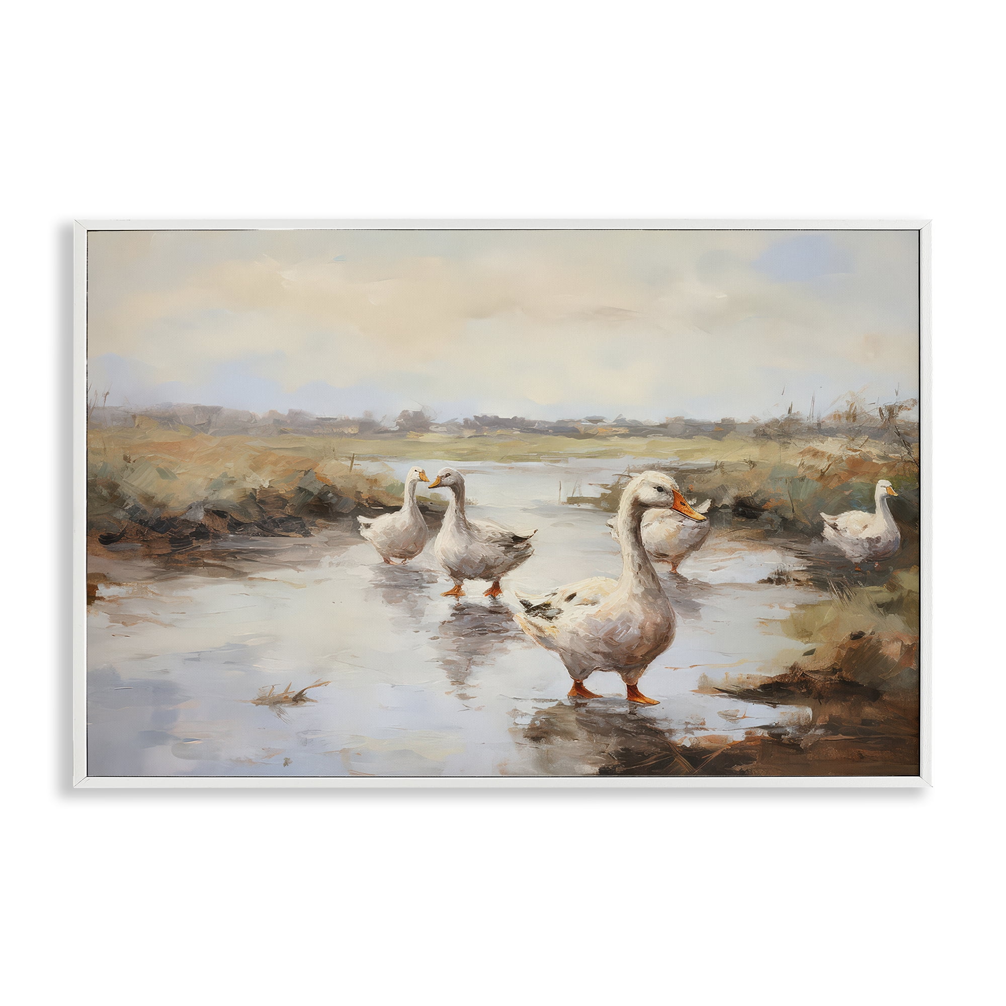 Stupell Industries Swan Family Traditional Pond Landscape & Nature Painting White Framed Art Print Wall Art, 24 x 16