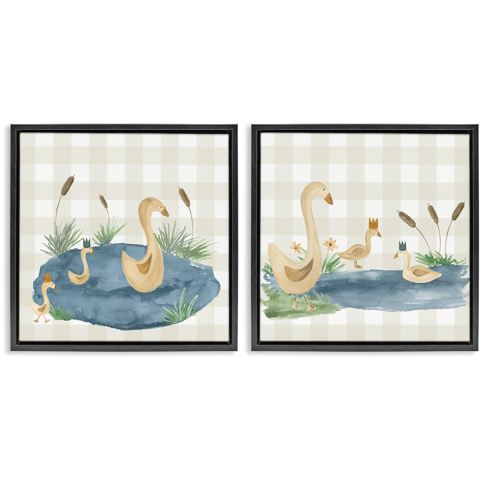 Stupell Industries Swan Family in Pond Landscape & Nature Painting Black Floater Framed Canvas Art Print Wall Art, 25 x 25, Set of 2