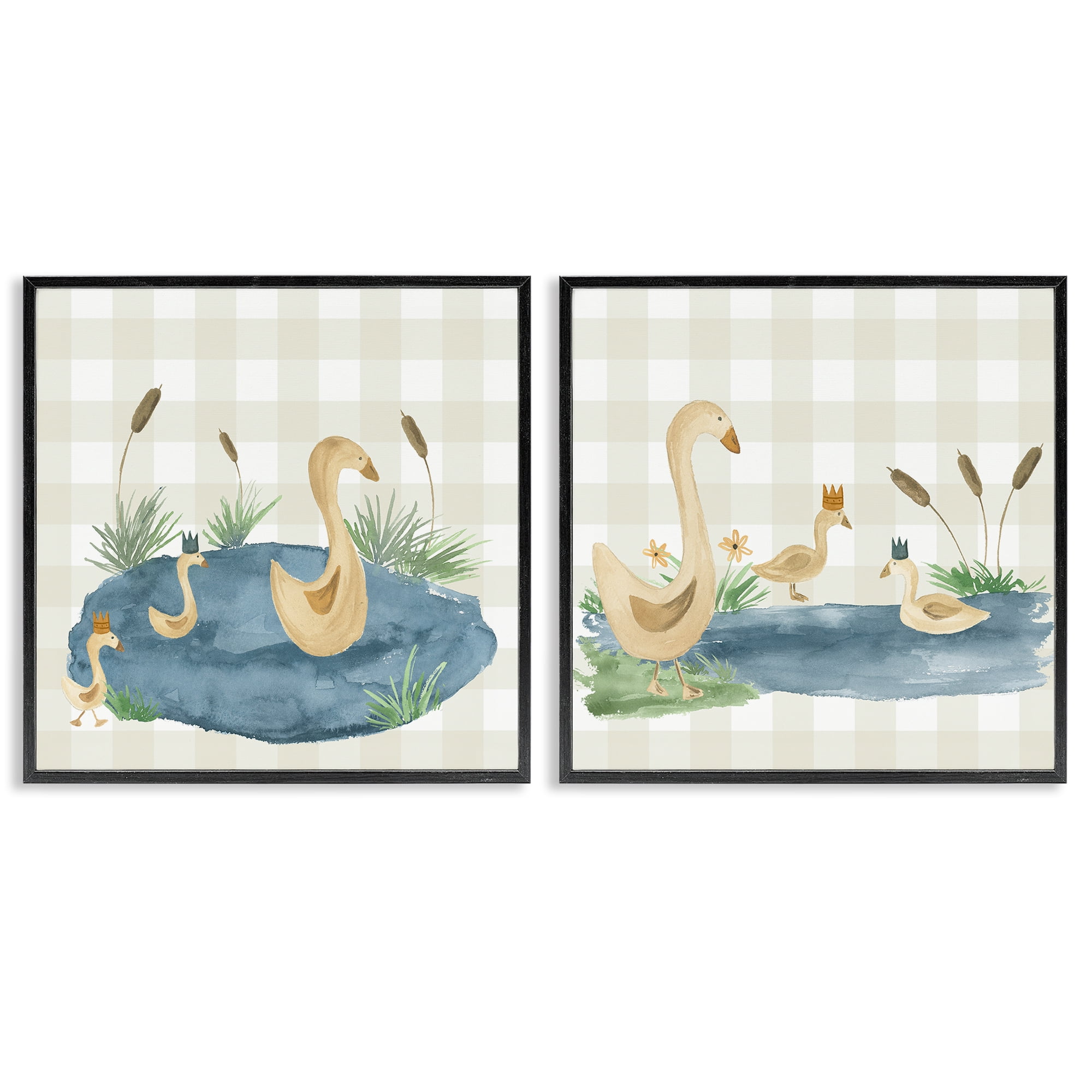 Stupell Industries Swan Family in Pond Landscape & Nature Painting Black Framed Art Print Wall Art, 24 x 24, Set of 2