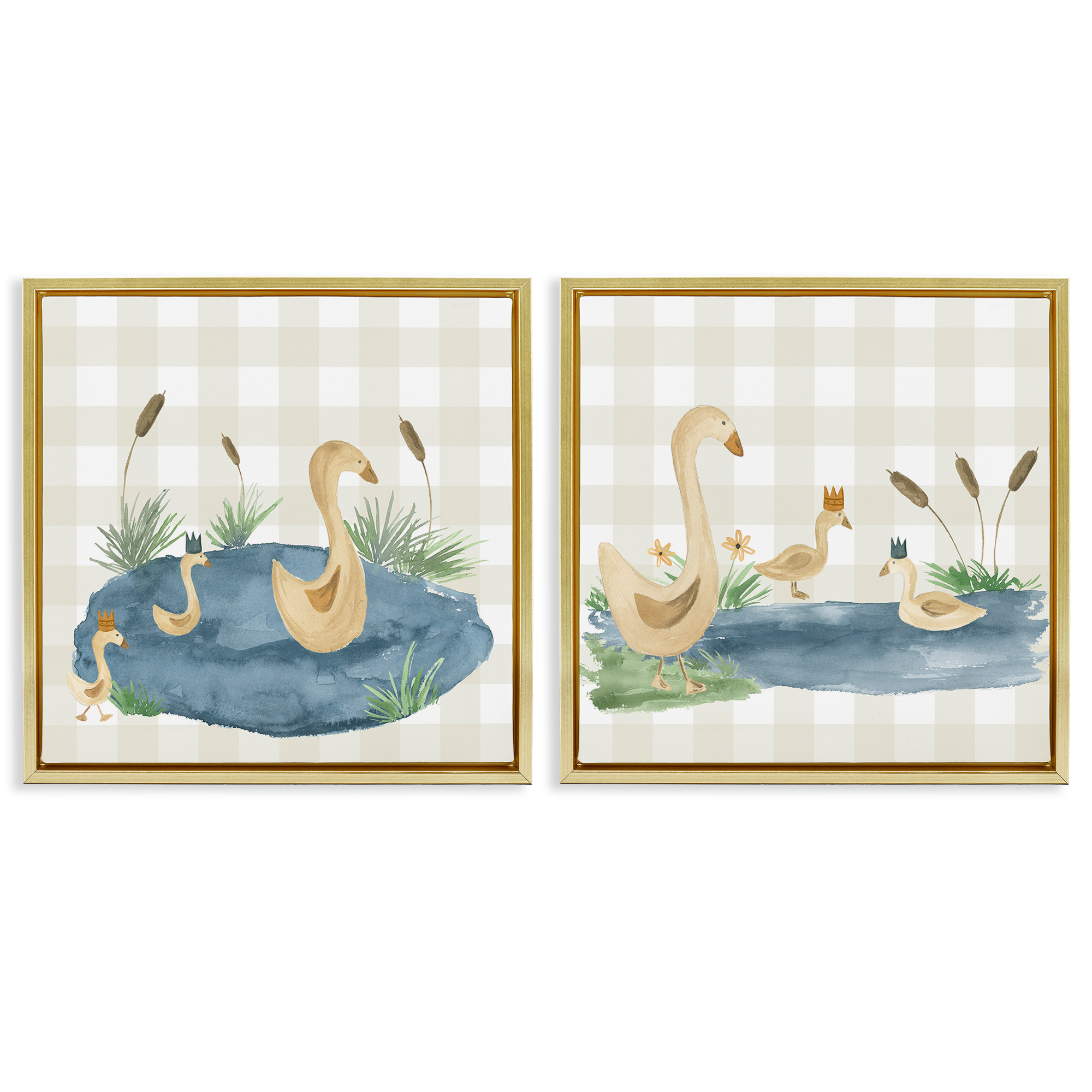 Stupell Industries Swan Family in Pond Landscape & Nature Painting Gold Floater Framed Canvas Art Print Wall Art, 25 x 25, Set of 2