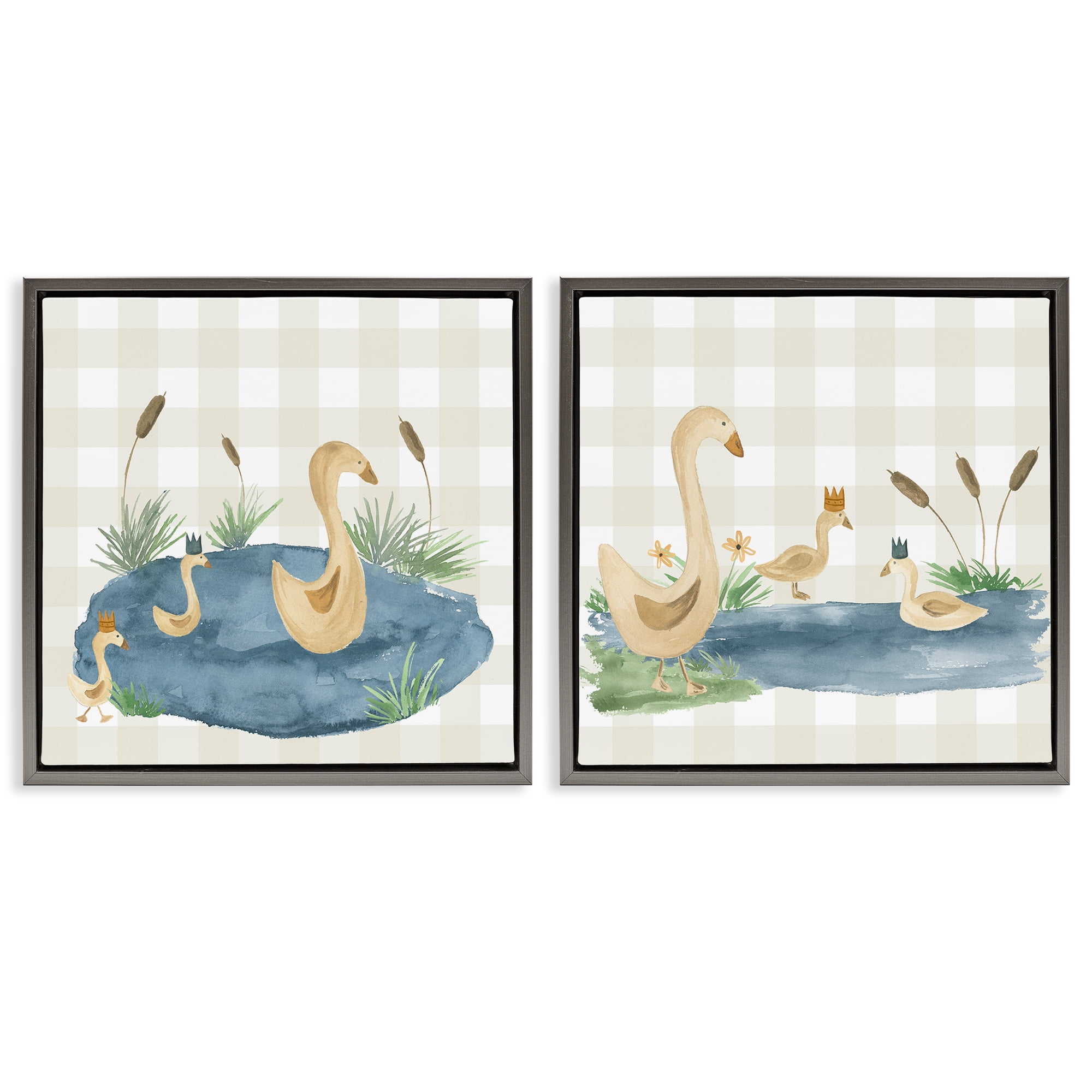 Stupell Industries Swan Family in Pond Landscape & Nature Painting Gray Floater Framed Canvas Art Print Wall Art, 25 x 25, Set of 2