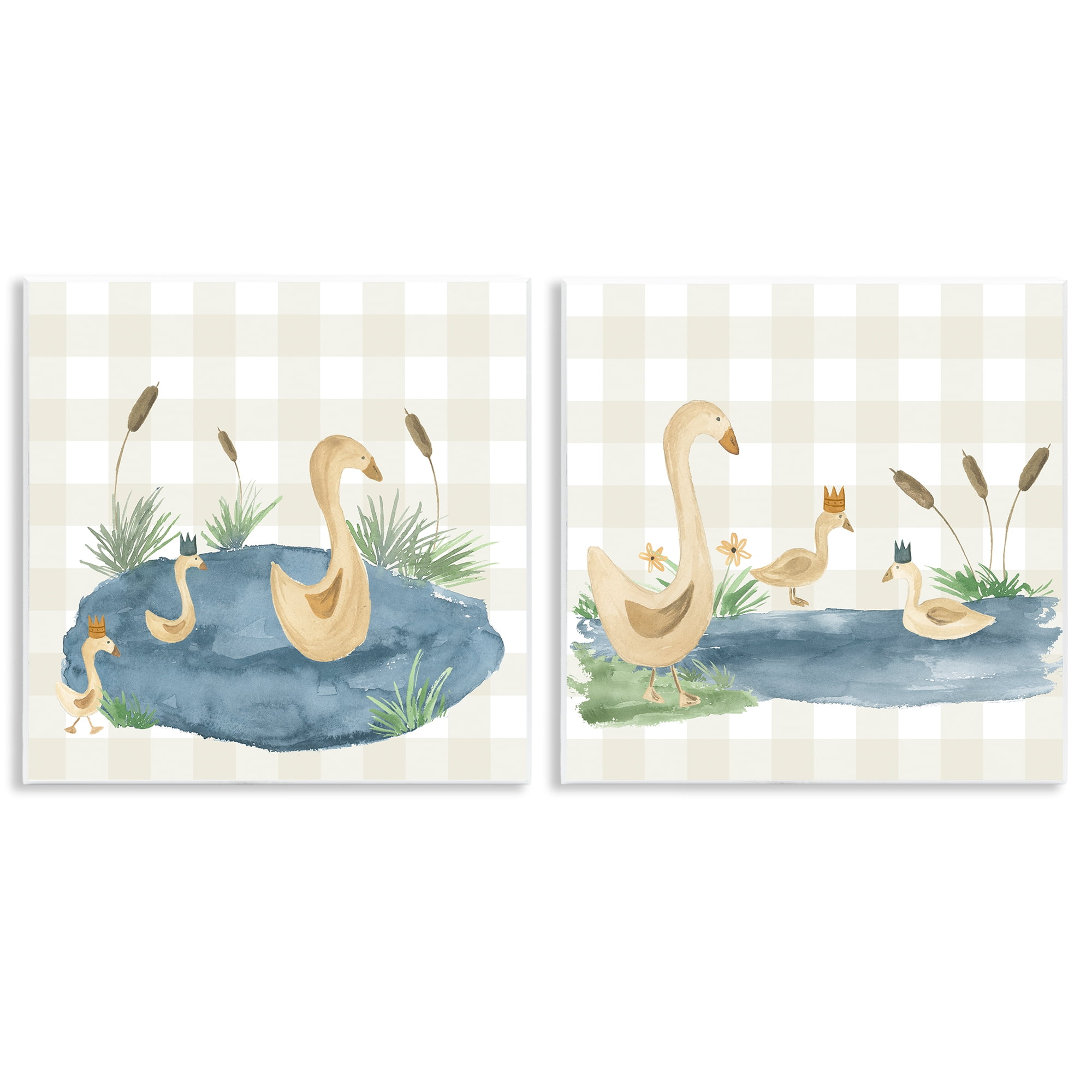 Stupell Industries Swan Family in Pond Landscape & Nature Painting Unframed Art Print Wall Art, 12 x 12, Set of 2