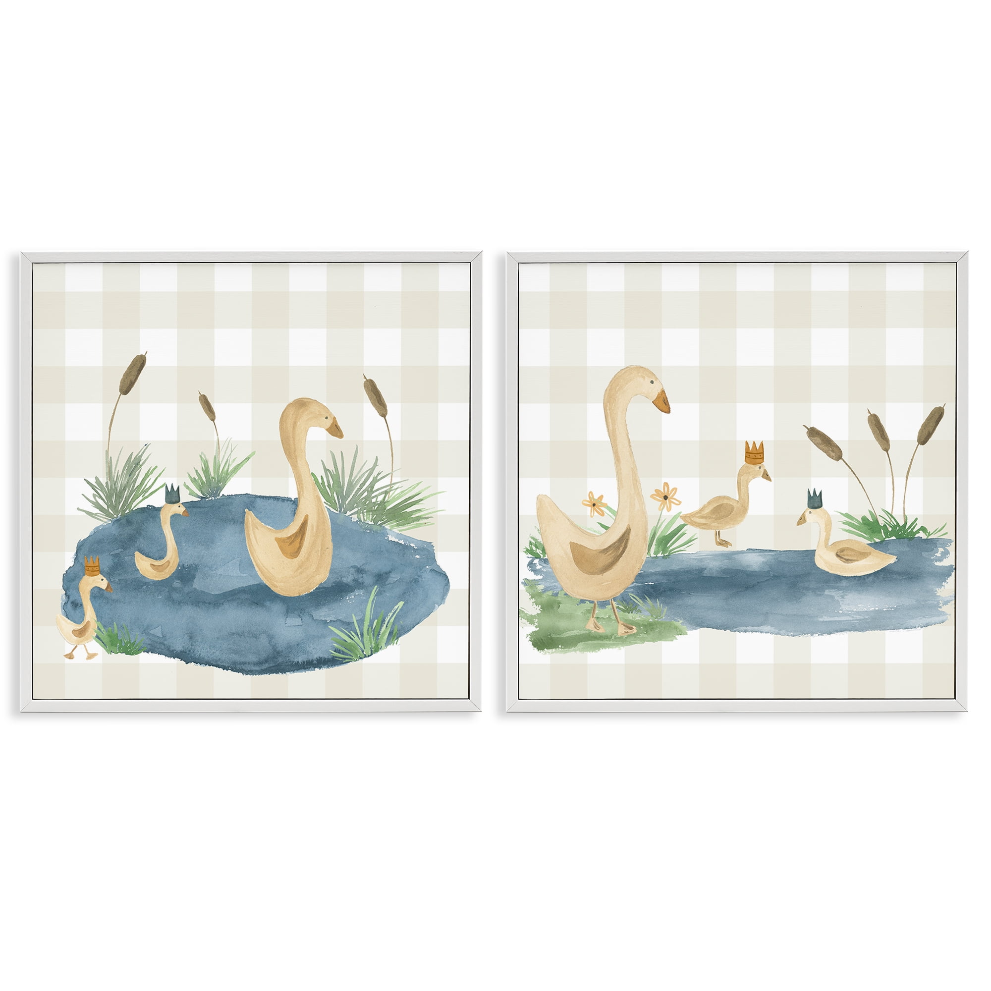 Stupell Industries Swan Family in Pond Landscape & Nature Painting White Framed Art Print Wall Art, 12 x 12, Set of 2
