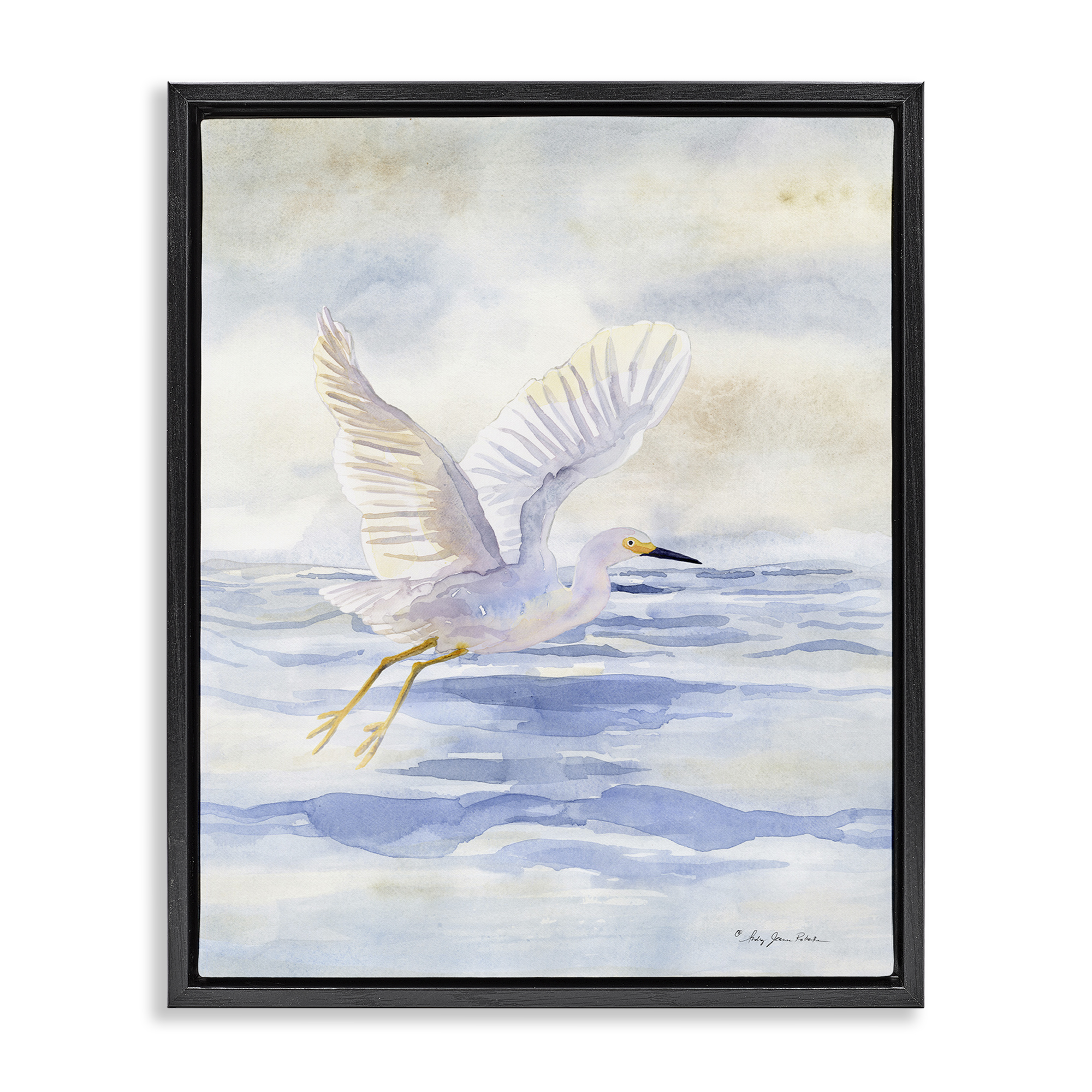 Stupell Industries Swan Flying Over Water Landscape Painting Black Floater Framed Canvas Art Print Wall Art, 25 x 31