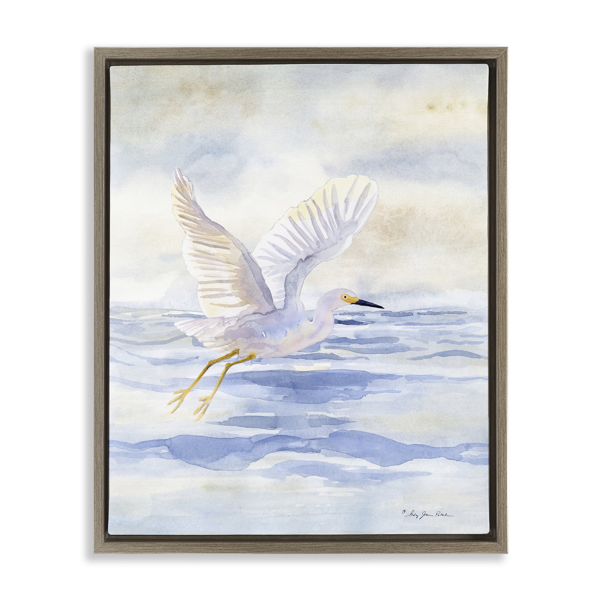 Stupell Industries Swan Flying Over Water Landscape Painting Brown Floater Framed Canvas Art Print Wall Art, 25 x 31