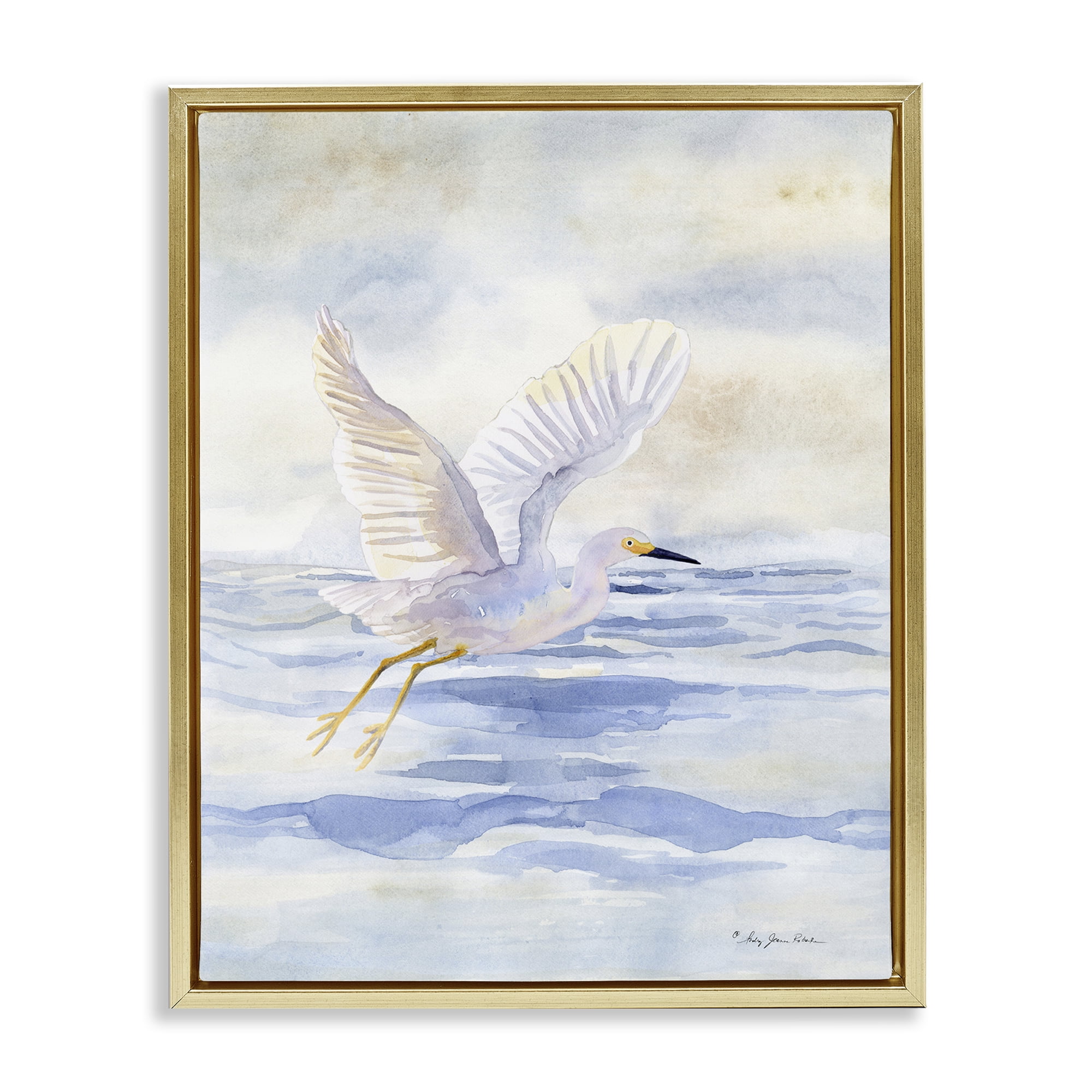 Stupell Industries Swan Flying Over Water Landscape Painting Gold Floater Framed Canvas Art Print Wall Art, 17 x 21
