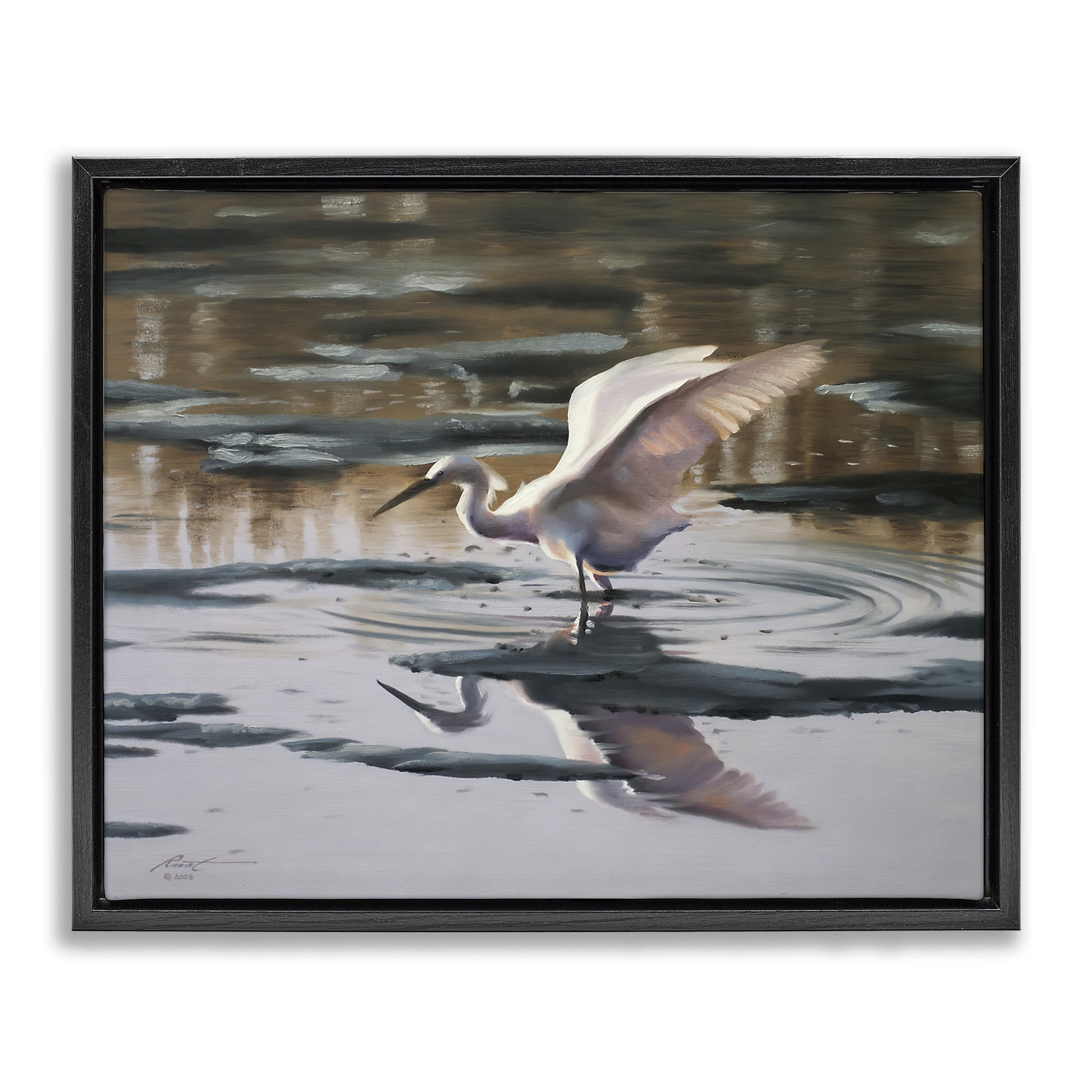 Stupell Industries Swan Landing in Water Animals & Insects Painting Black Floater Framed Canvas Art Print Wall Art, 31 x 25