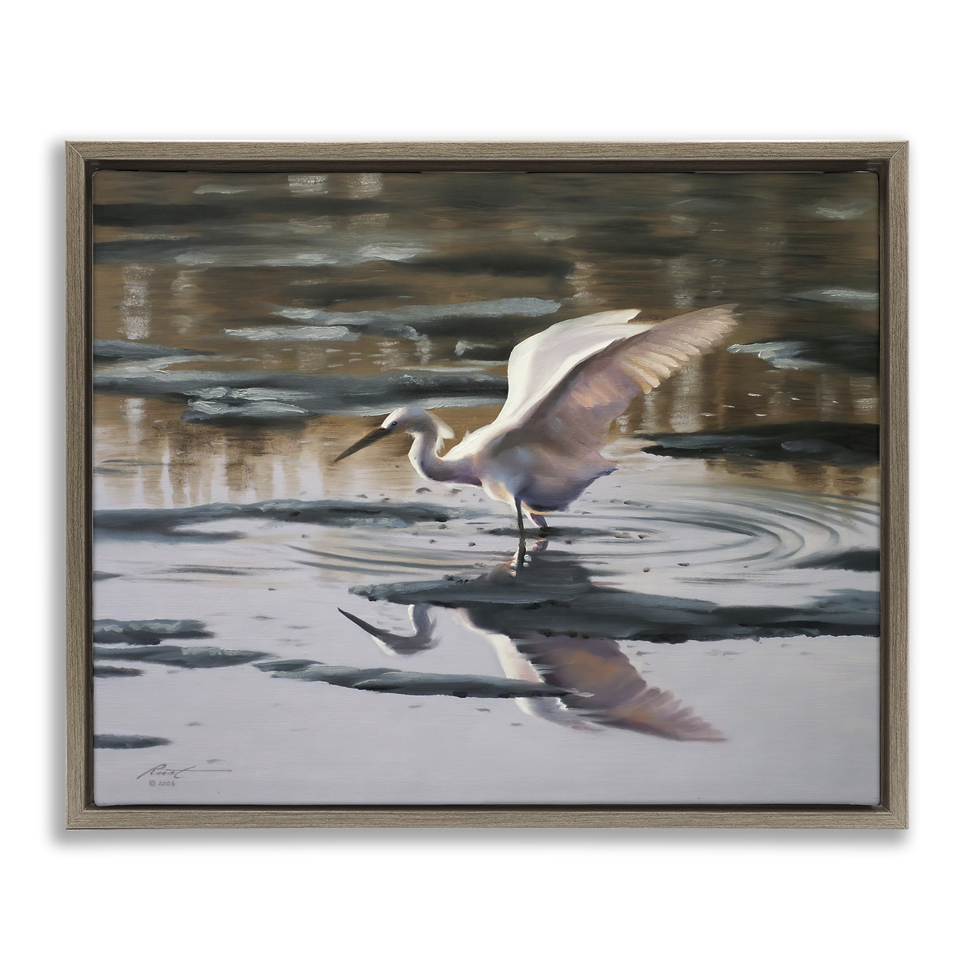 Stupell Industries Swan Landing in Water Animals & Insects Painting Brown Floater Framed Canvas Art Print Wall Art, 31 x 25