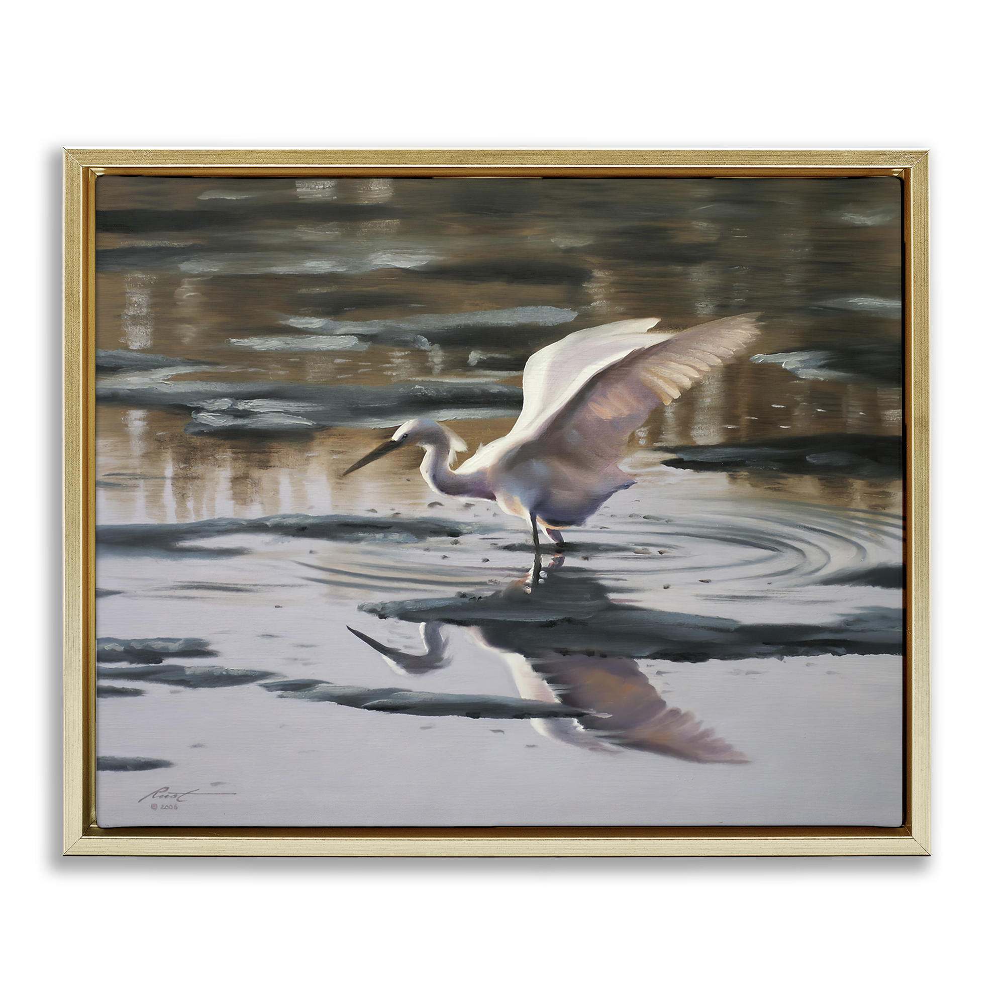 Stupell Industries Swan Landing in Water Animals & Insects Painting Gold Floater Framed Canvas Art Print Wall Art, 21 x 17