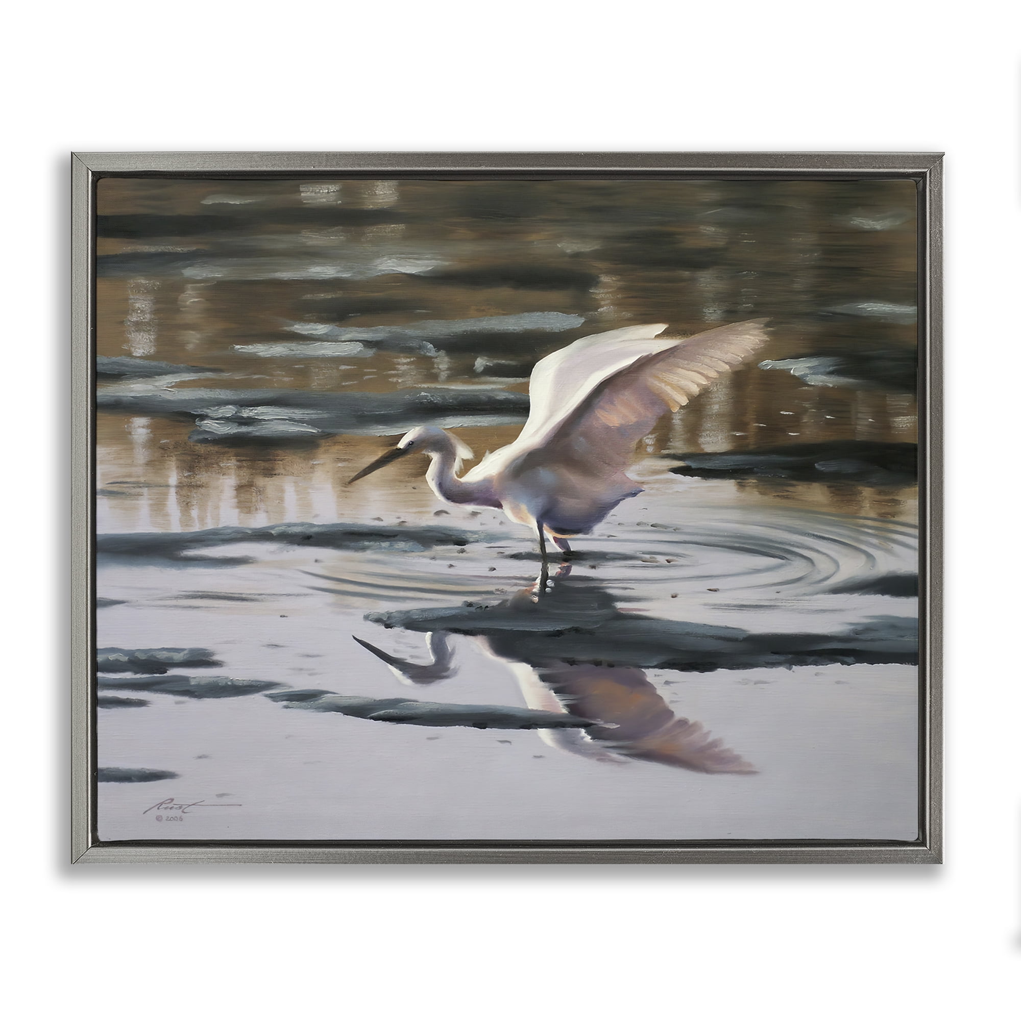 Stupell Industries Swan Landing in Water Animals & Insects Painting Gray Floater Framed Canvas Art Print Wall Art, 31 x 25