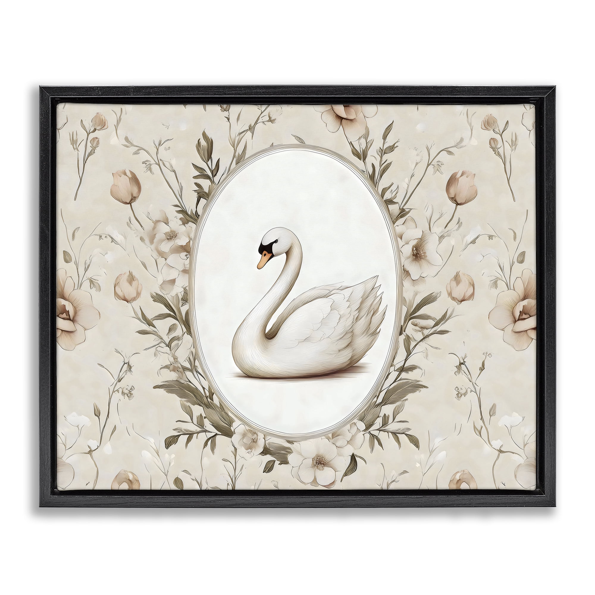 Stupell Industries Swan Vignette in Floral Border Black Framed Floater Canvas Wall Art, design by Arlington Prints