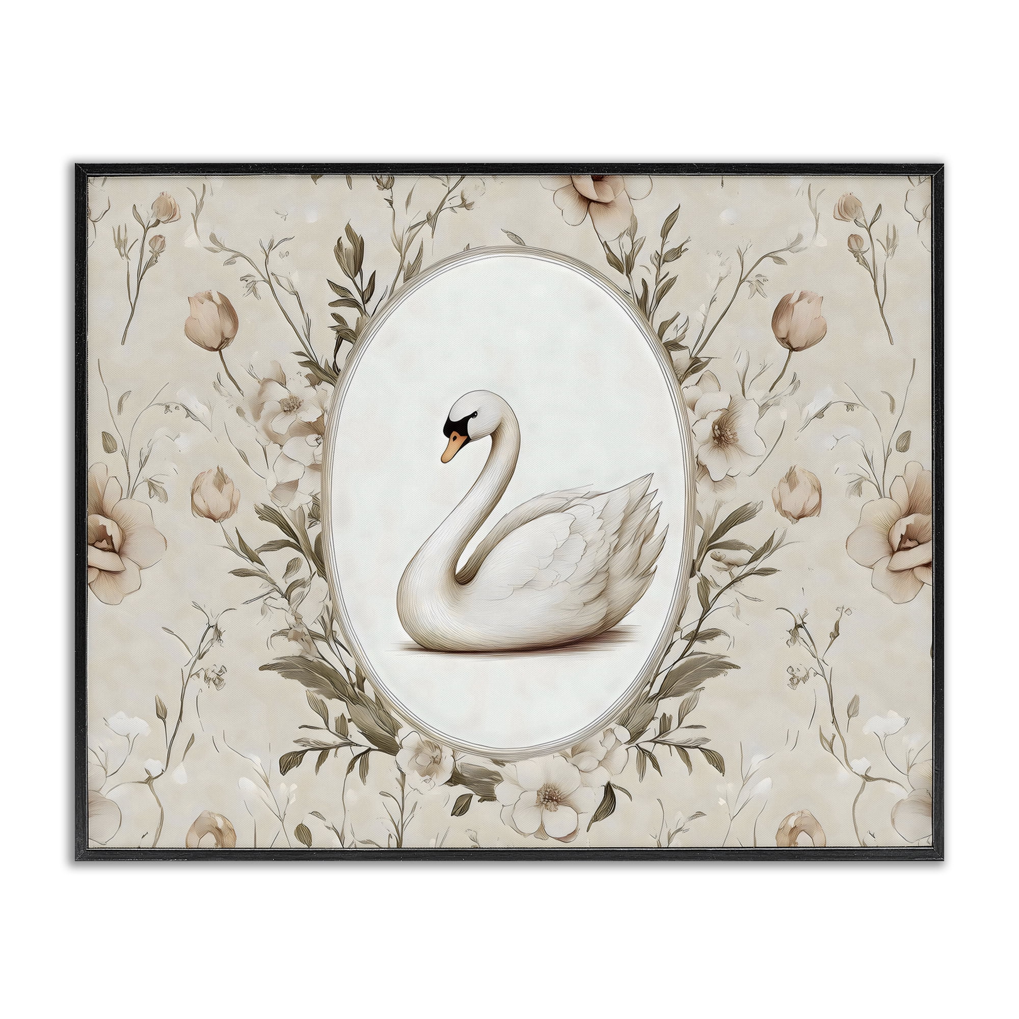 Stupell Industries Swan Vignette in Floral Border Black Framed Giclee Art, design by Arlington Prints