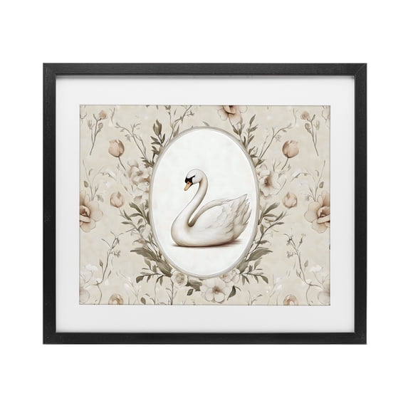Stupell Industries Cottage Swan Vignette in Floral Border Black Framed Print Under Glass, 21 x 17, by Arlington Prints