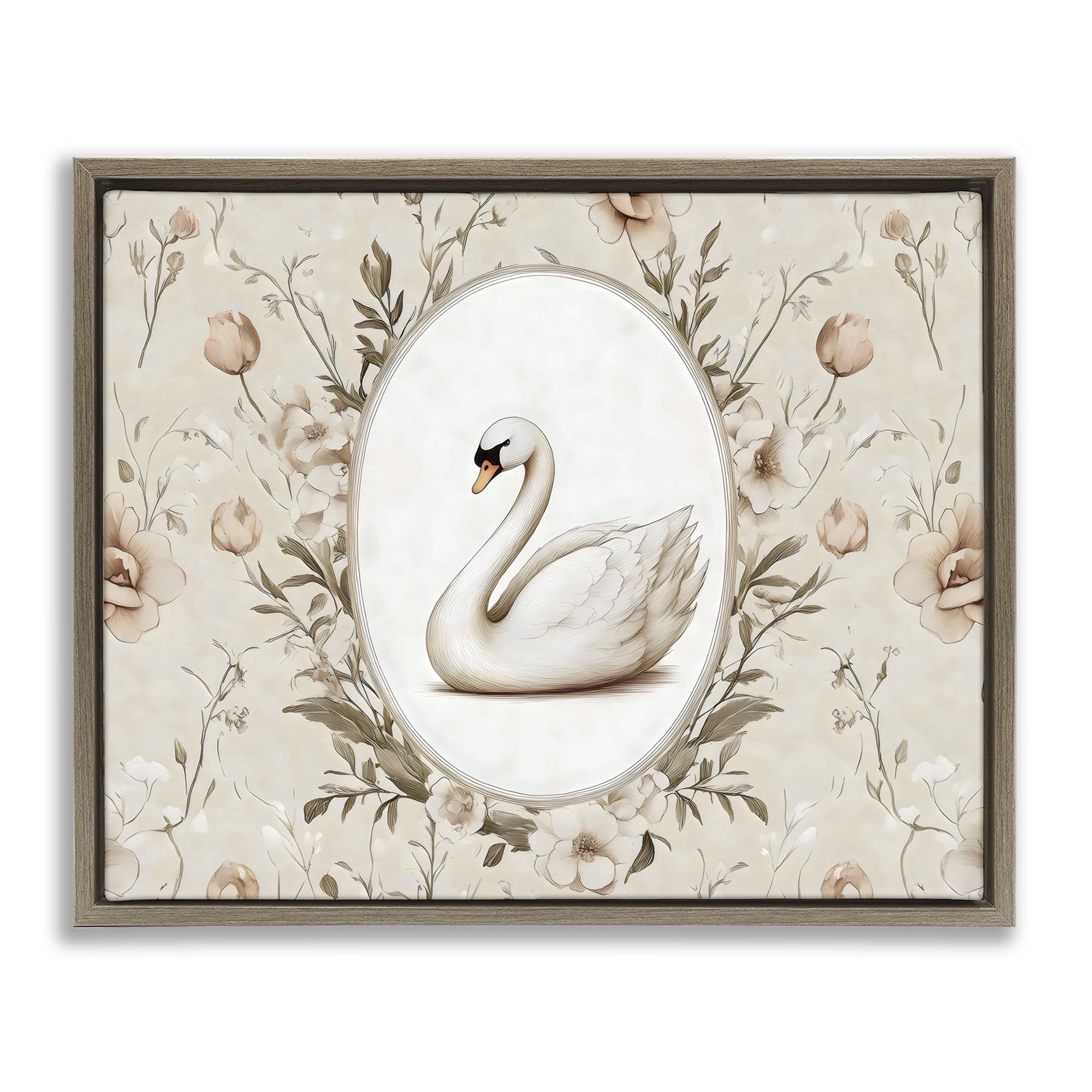 Stupell Industries Swan Vignette in Floral Border Brown Framed Floater Canvas Wall Art, design by Arlington Prints