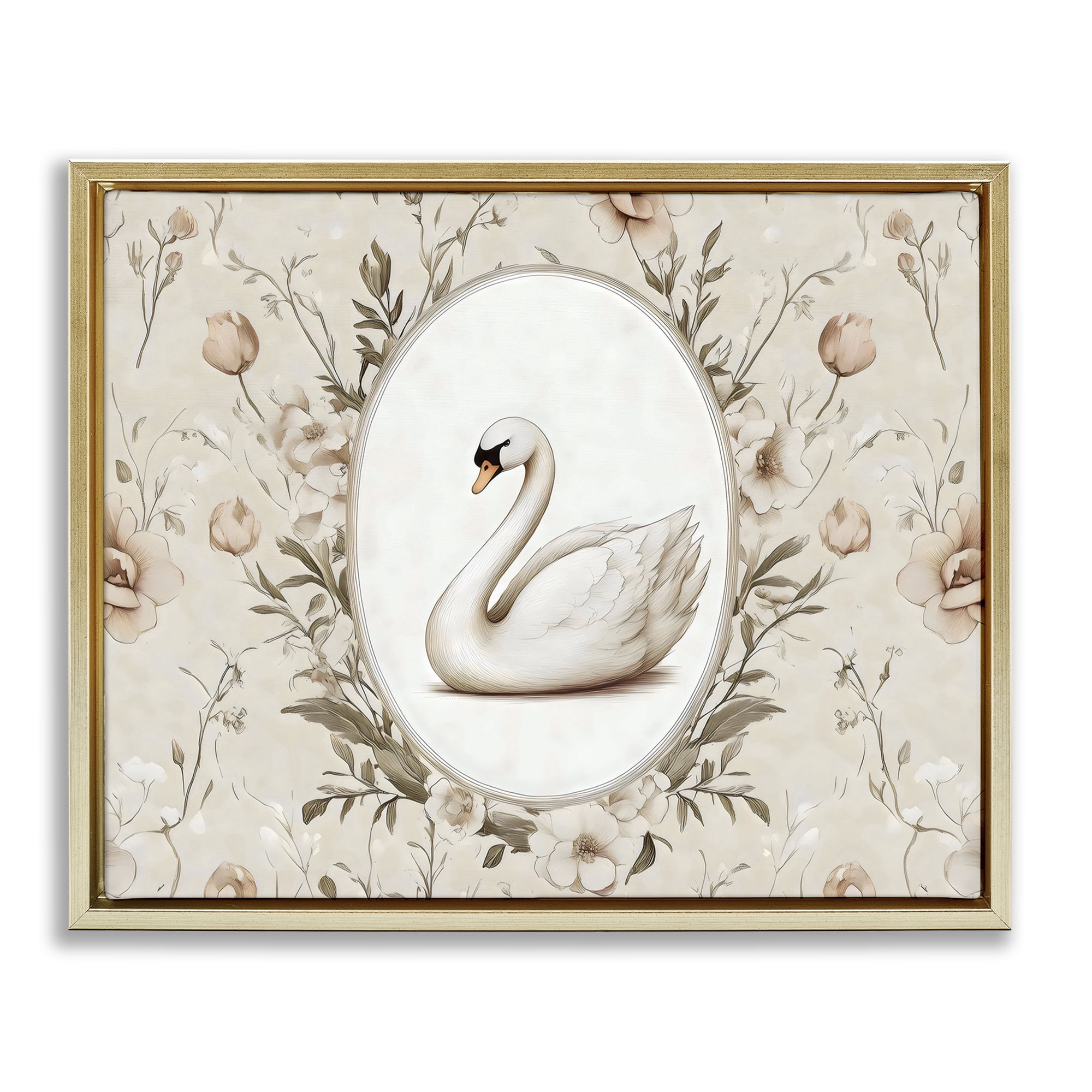 Stupell Industries Swan Vignette in Floral Border Gold Framed Floater Canvas Wall Art, design by Arlington Prints