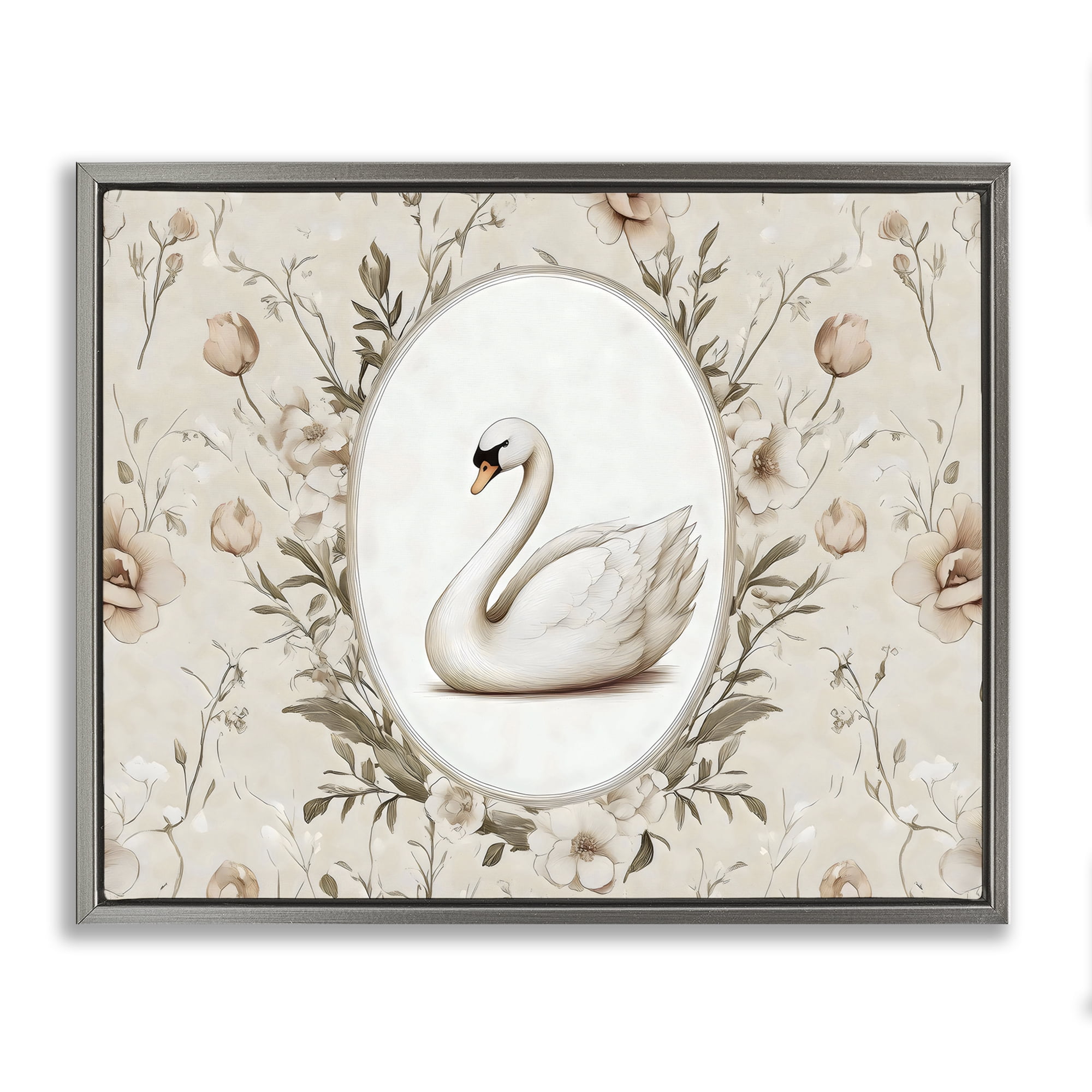 Stupell Industries Swan Vignette in Floral Border Gray Framed Floater Canvas Wall Art, design by Arlington Prints