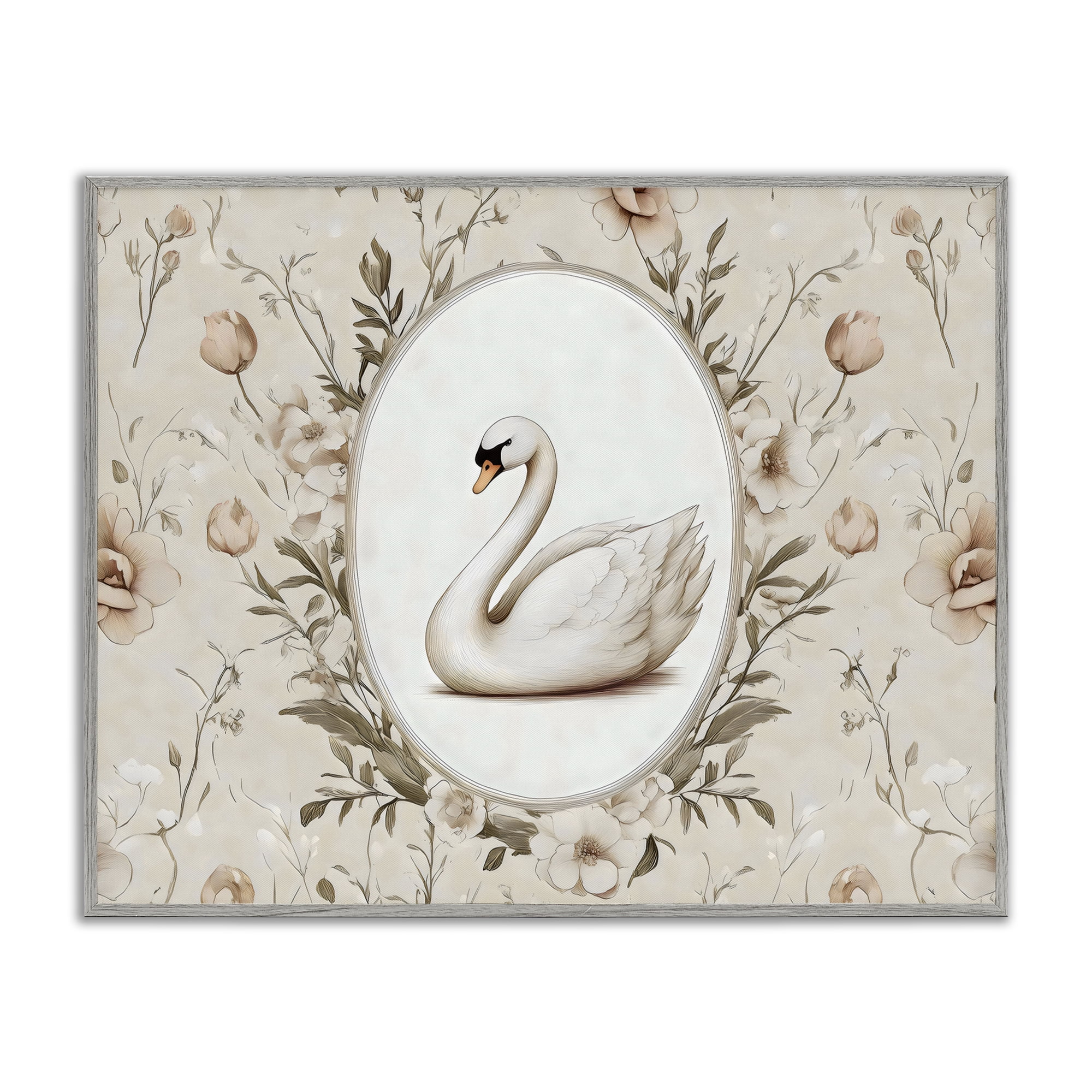 Stupell Industries Swan Vignette in Floral Border Gray Framed Giclee Art, design by Arlington Prints