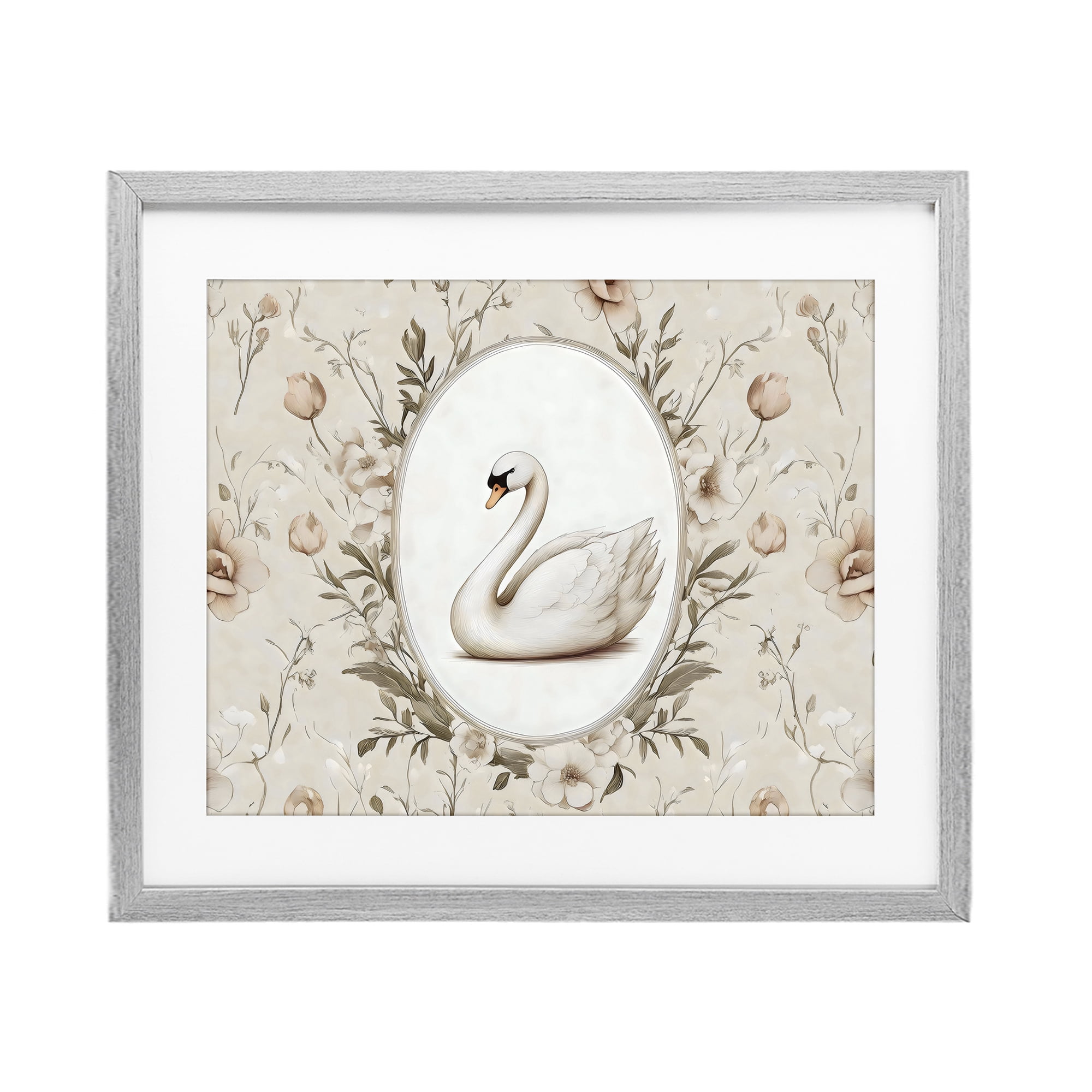 Stupell Industries Swan Vignette in Floral Border Gray Framed Print Under Glass, design by Arlington Prints