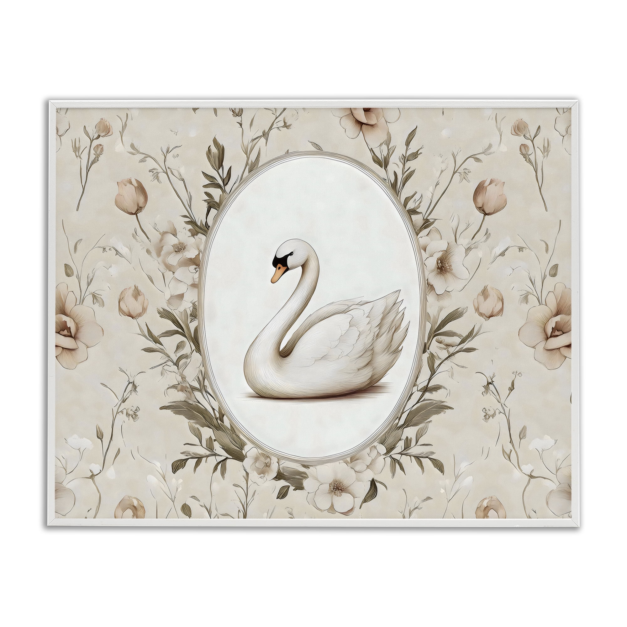 Stupell Industries Swan Vignette in Floral Border White Framed Giclee Art, design by Arlington Prints
