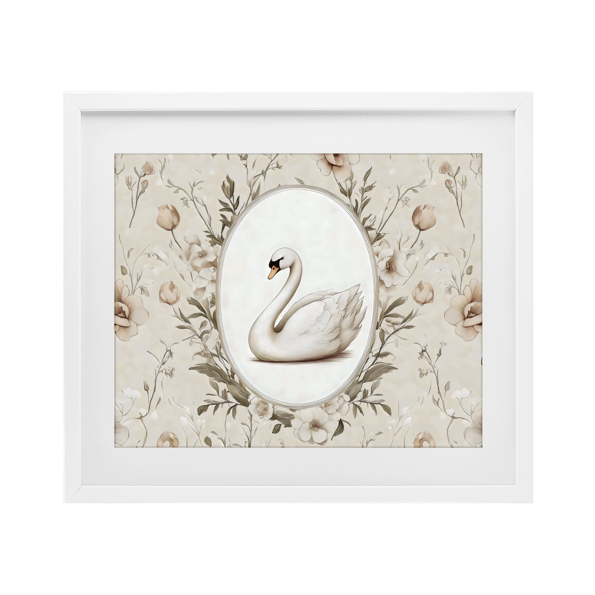 Stupell Industries Swan Vignette in Floral Border White Framed Print Under Glass, design by Arlington Prints