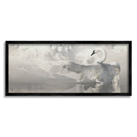 Stupell Industries Swan Wingspan on Pond Animals & Insects Painting Black Framed Art Print Wall Art, 24 x 10
