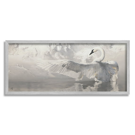 Stupell Industries Swan Wingspan on Pond Animals & Insects Painting Gray Framed Art Print Wall Art, 30 x 13
