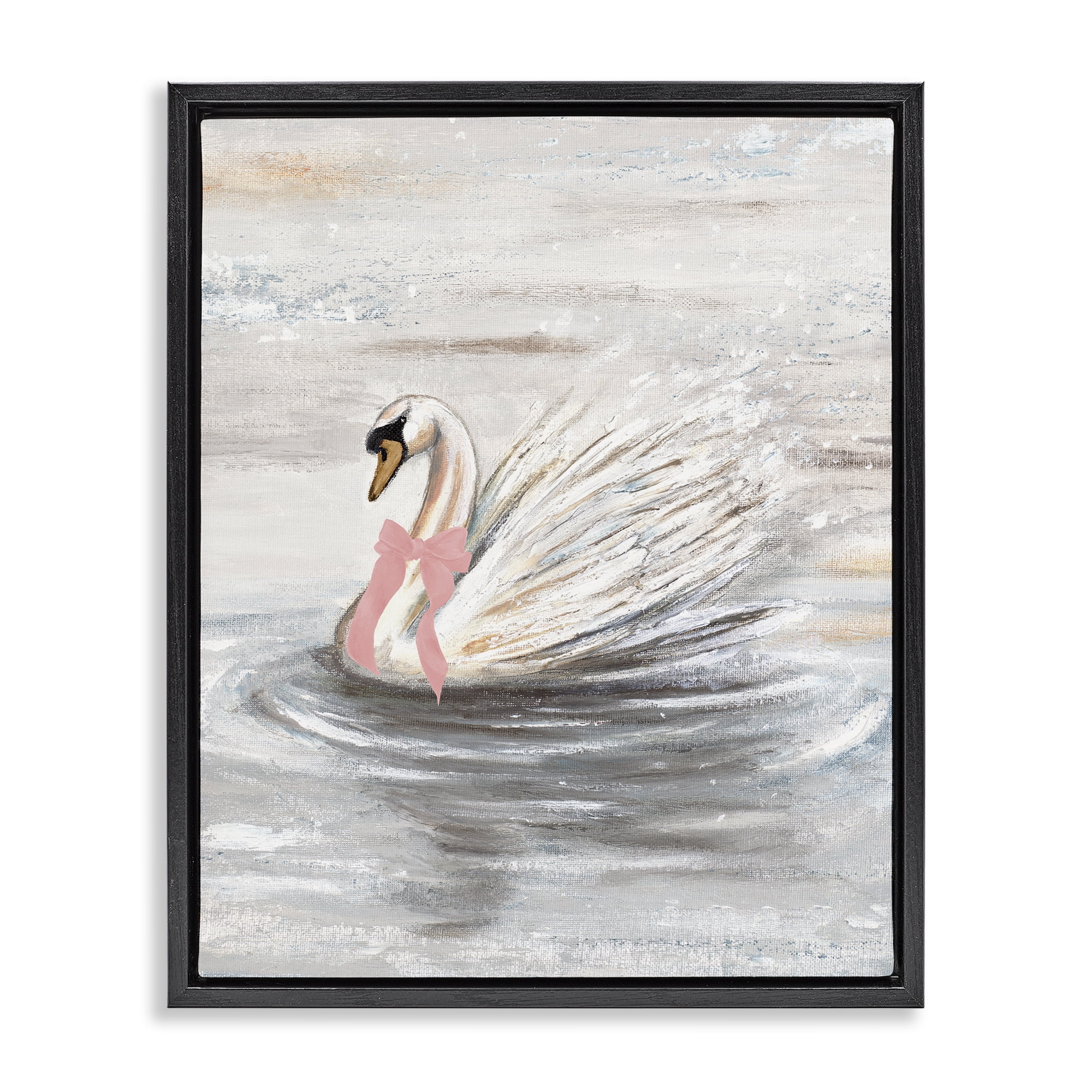 Stupell Industries Swan With Pink Bow & Ripples Black Framed Floater Canvas Wall Art, design by Patricia Pinto