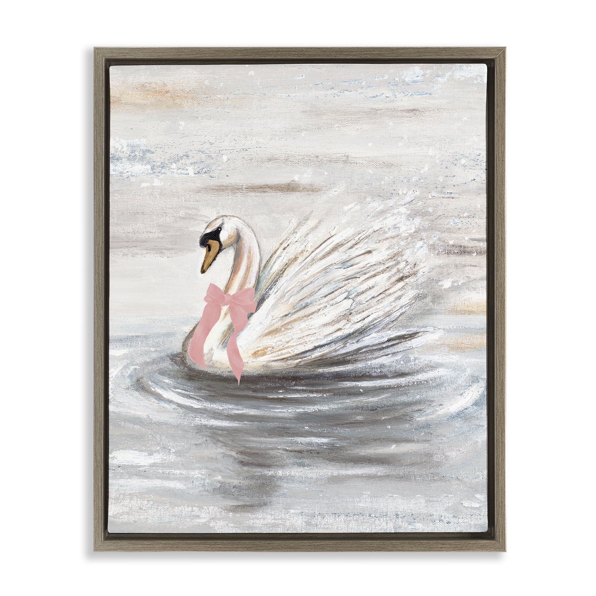 Stupell Industries Swan With Pink Bow & Ripples Brown Framed Floater Canvas Wall Art, design by Patricia Pinto