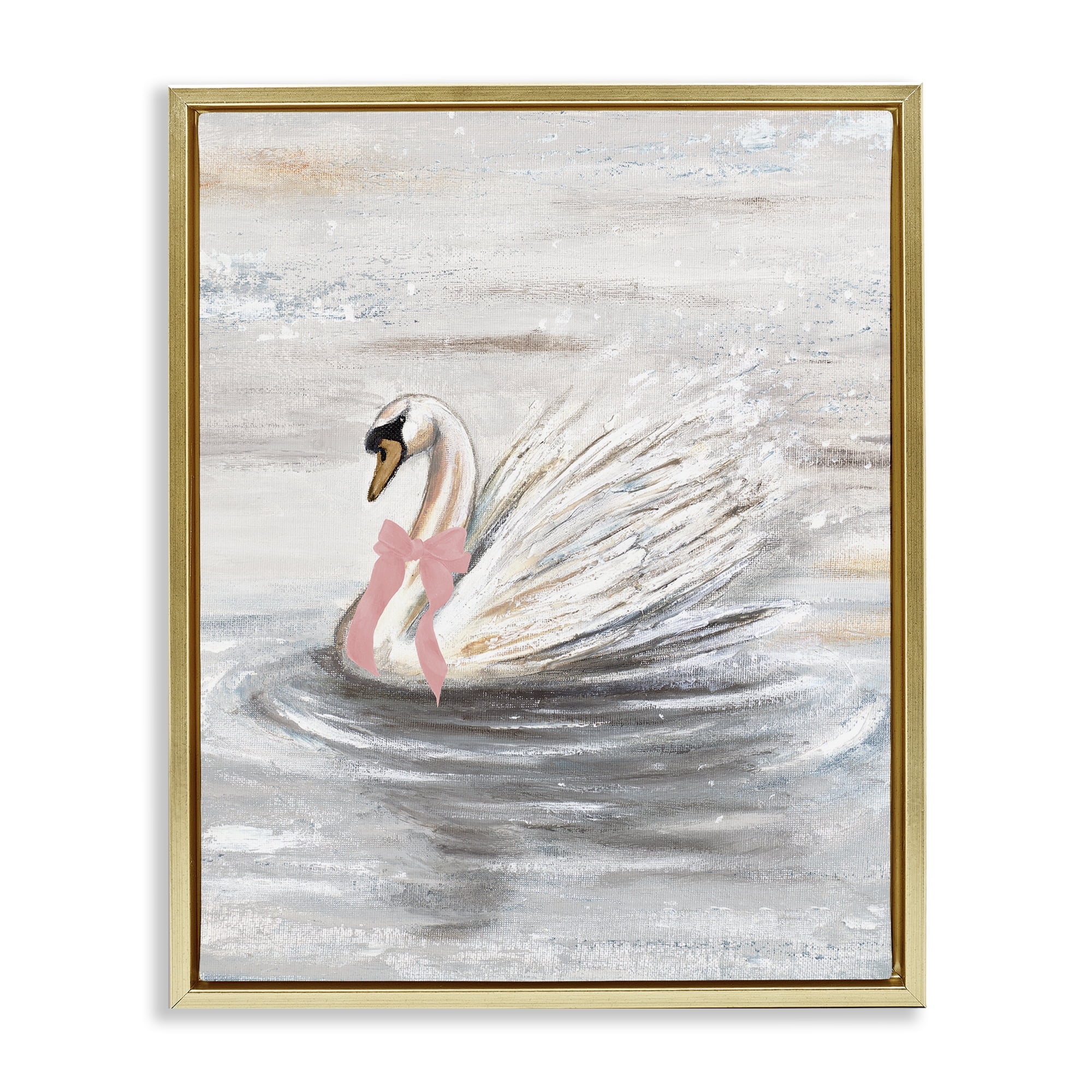 Stupell Industries Swan With Pink Bow & Ripples Gold Framed Floater Canvas Wall Art, design by Patricia Pinto