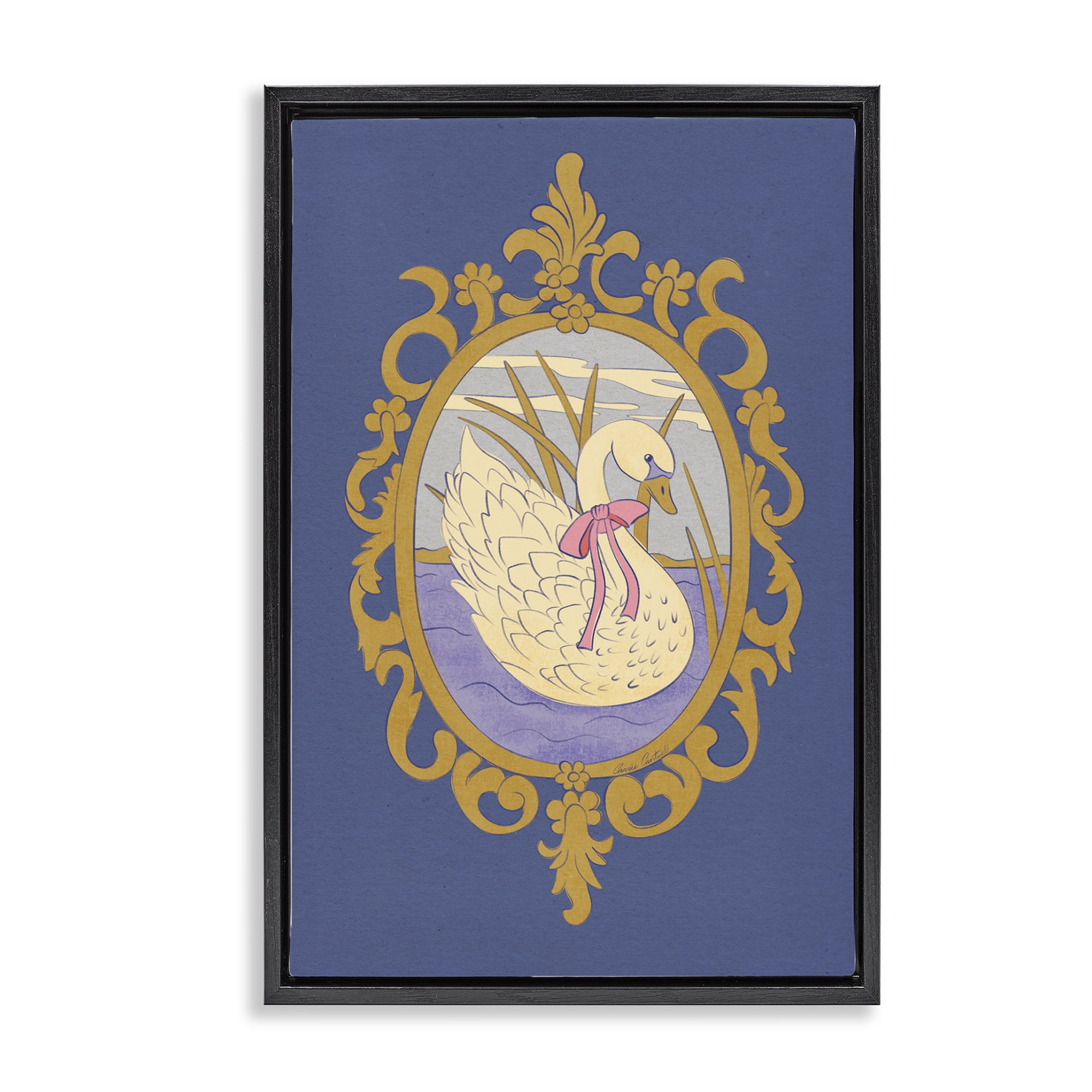 Stupell Industries Swan and Ornate Pattern Black Framed Floater Canvas Wall Art, design by Carrie Cantwell