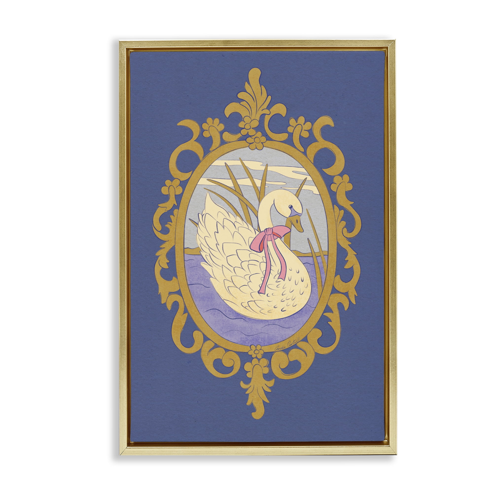 Stupell Industries Swan and Ornate Pattern Gold Framed Floater Canvas Wall Art, design by Carrie Cantwell