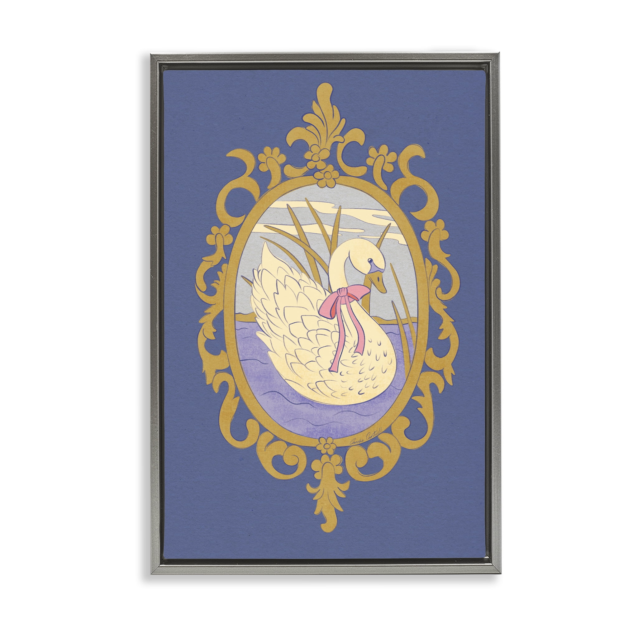Stupell Industries Swan and Ornate Pattern Gray Framed Floater Canvas Wall Art, design by Carrie Cantwell