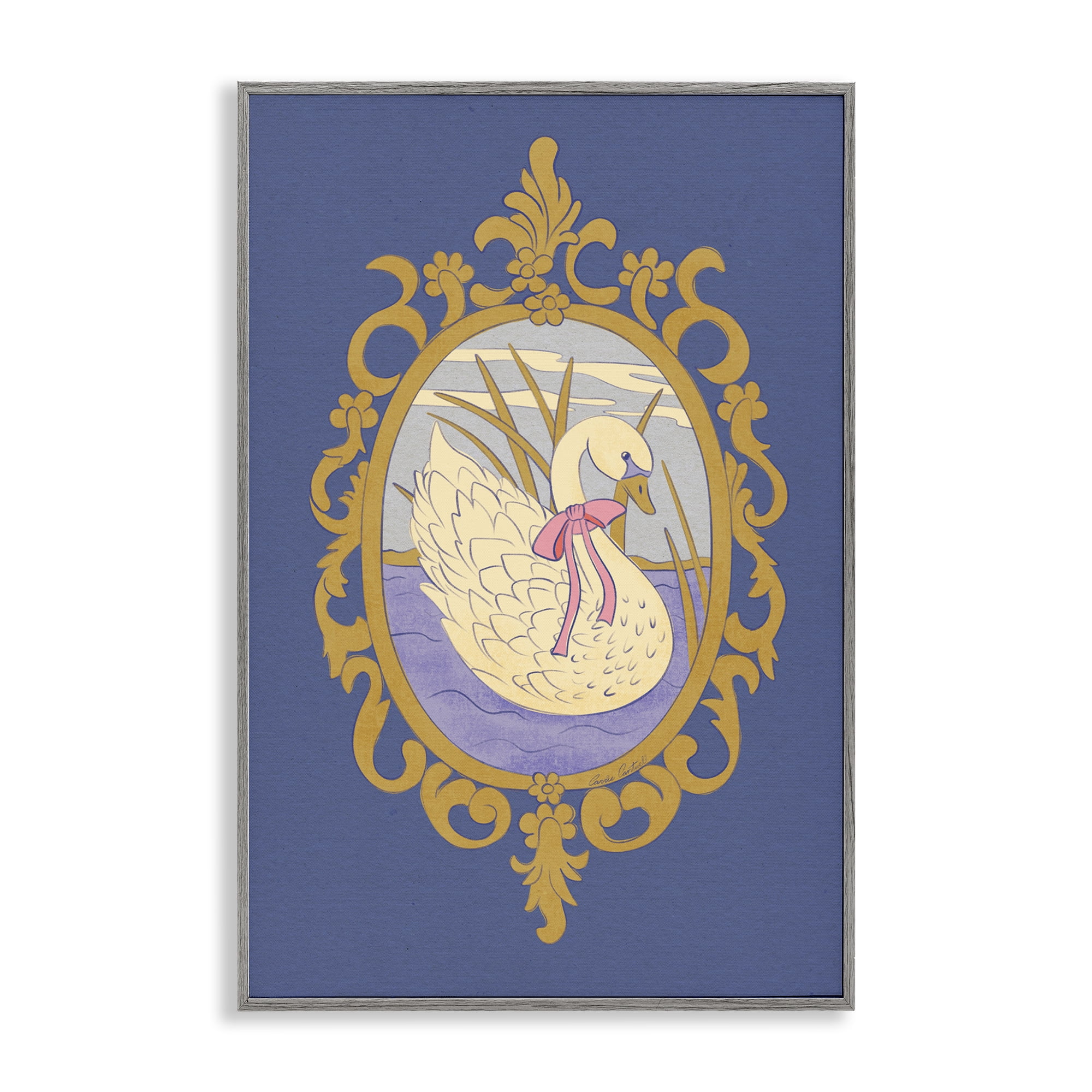 Stupell Industries Swan and Ornate Pattern Gray Framed Giclee Art, design by Carrie Cantwell