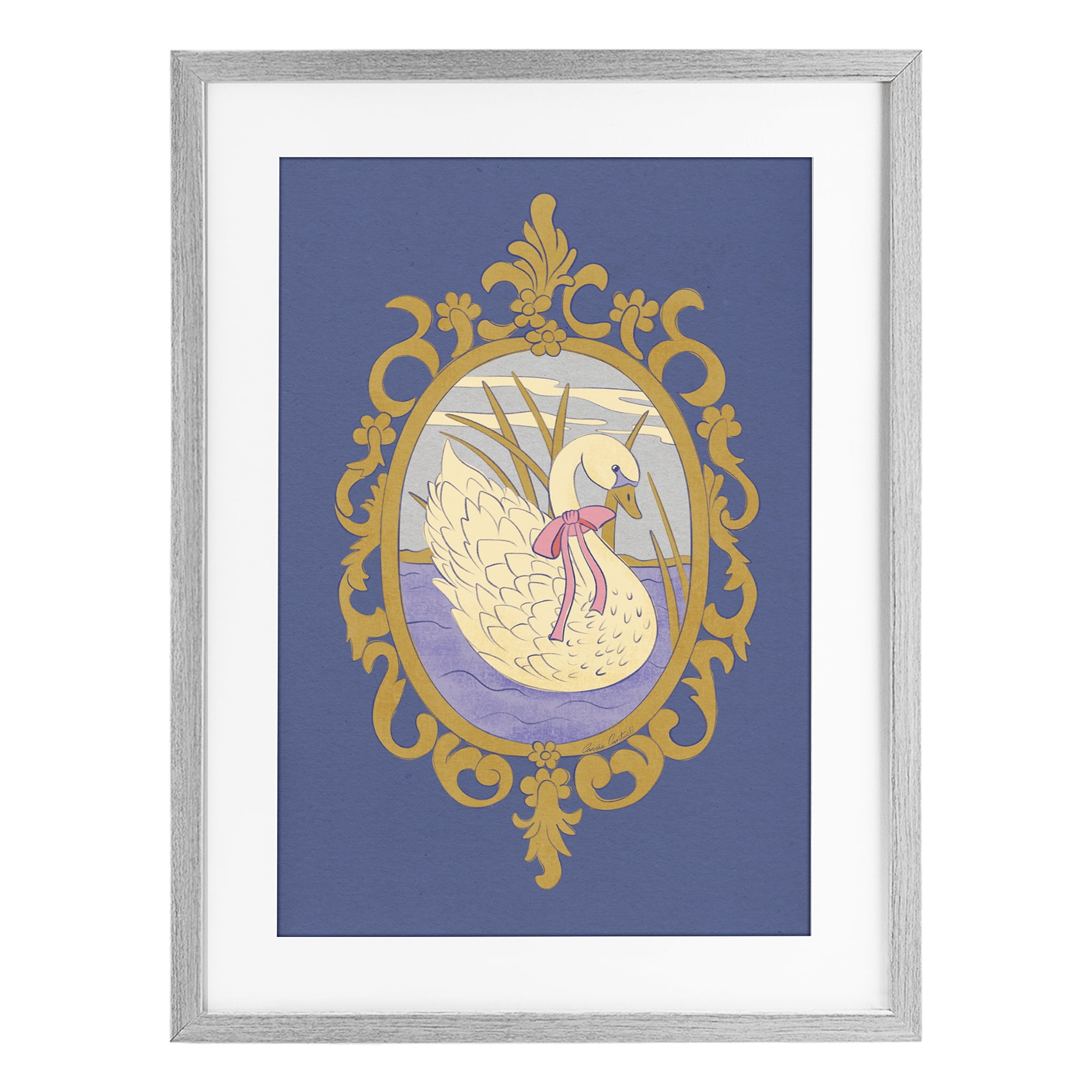 Stupell Industries Swan and Ornate Pattern Gray Framed Print Under Glass, design by Carrie Cantwell