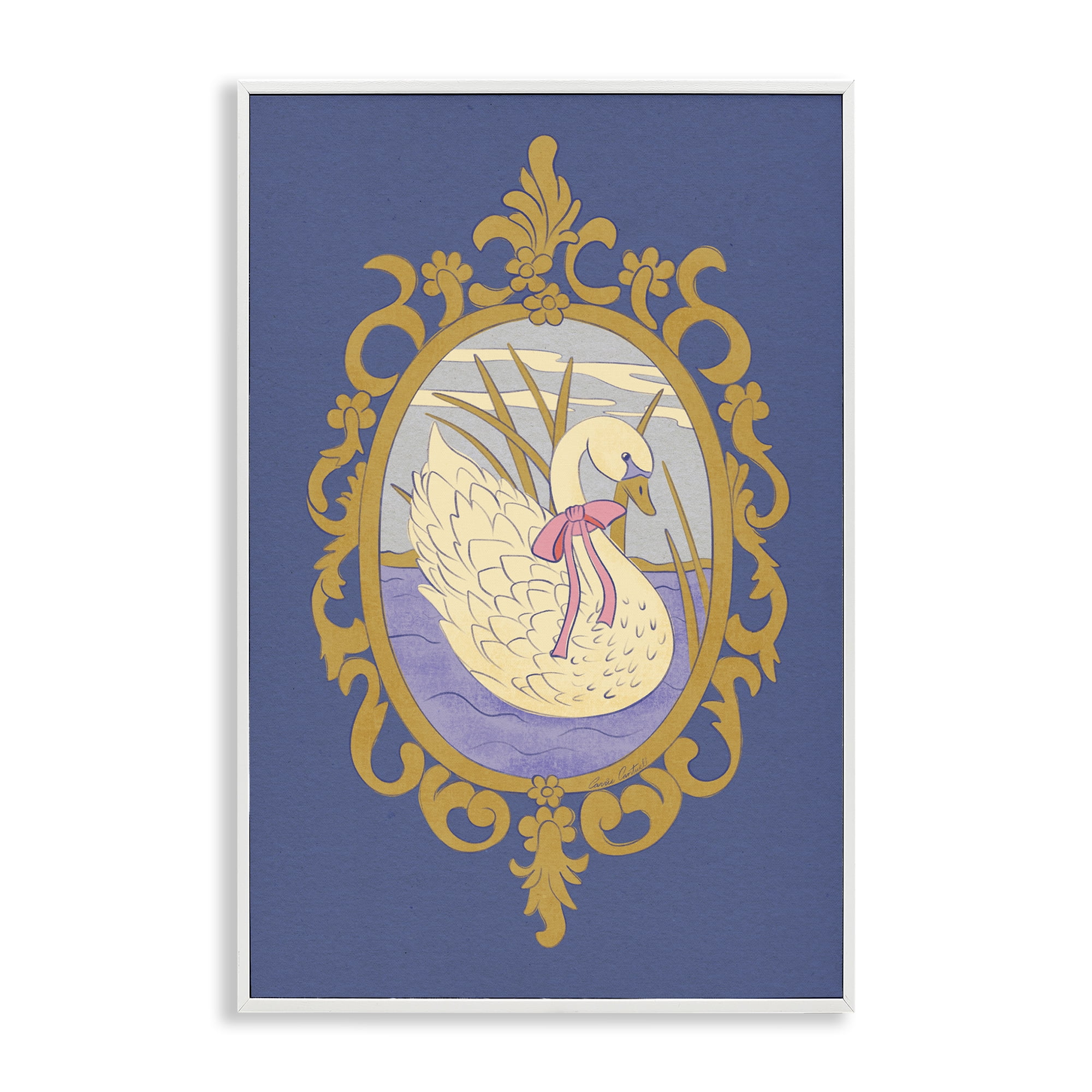 Stupell Industries Swan and Ornate Pattern White Framed Giclee Art, design by Carrie Cantwell