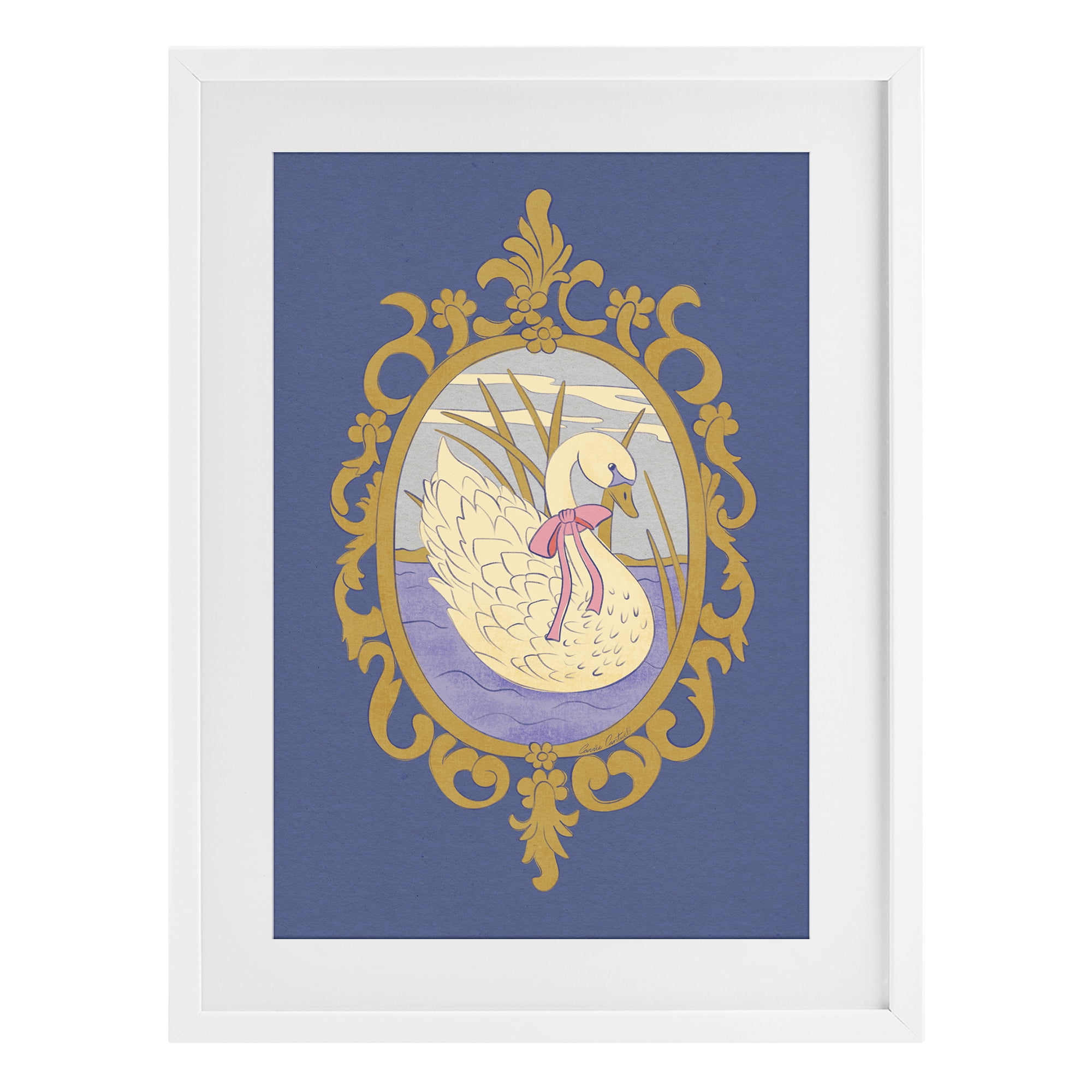 Stupell Industries Swan and Ornate Pattern White Framed Print Under Glass, design by Carrie Cantwell