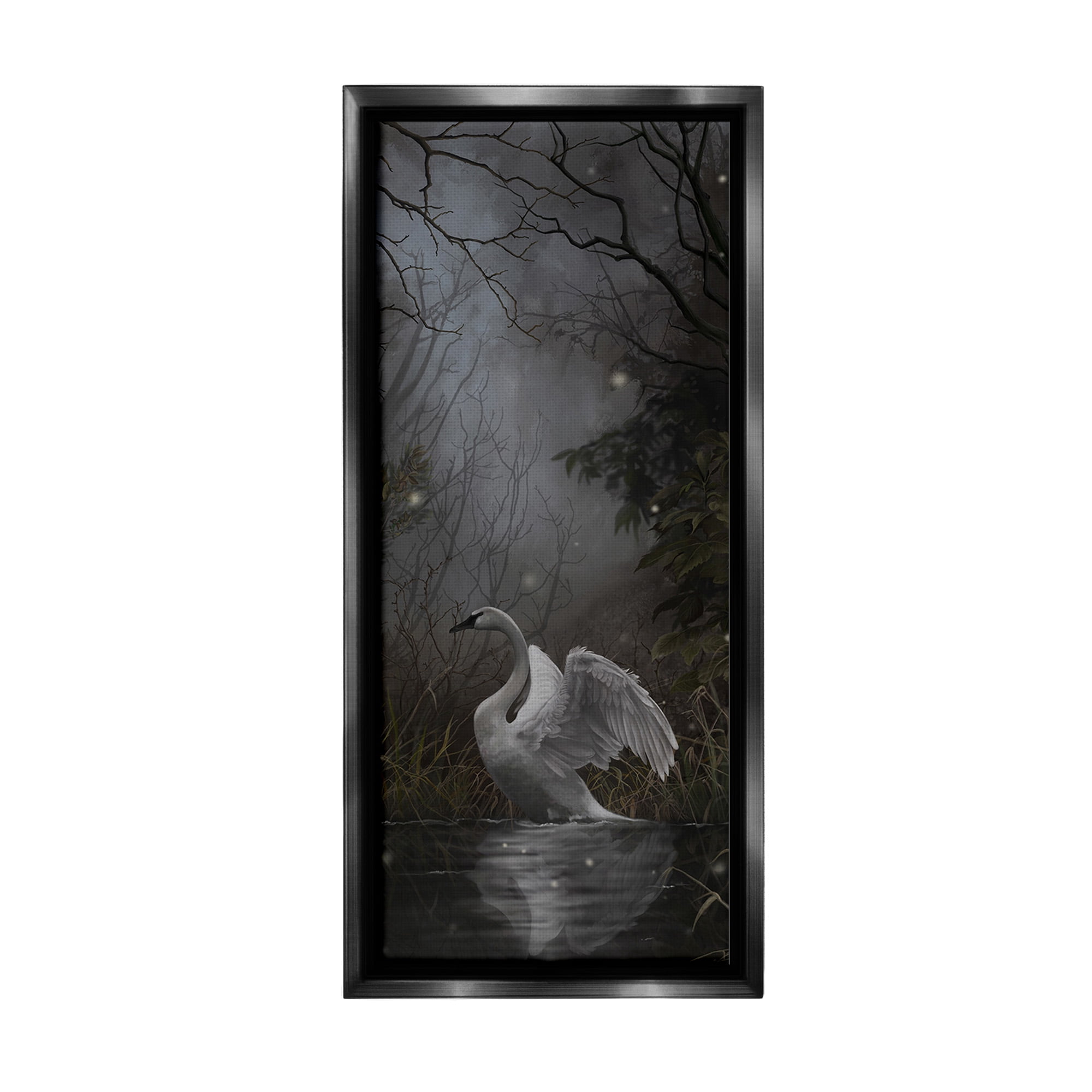 Stupell Industries Swan in Dark Night Pond Animals & Insects Painting Black Floater Framed Canvas Art Print Wall Art, 14 x 31