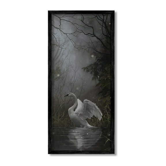 Stupell Industries Swan in Dark Night Pond Animals & Insects Painting Black Framed Art Print Wall Art, 10 x 24