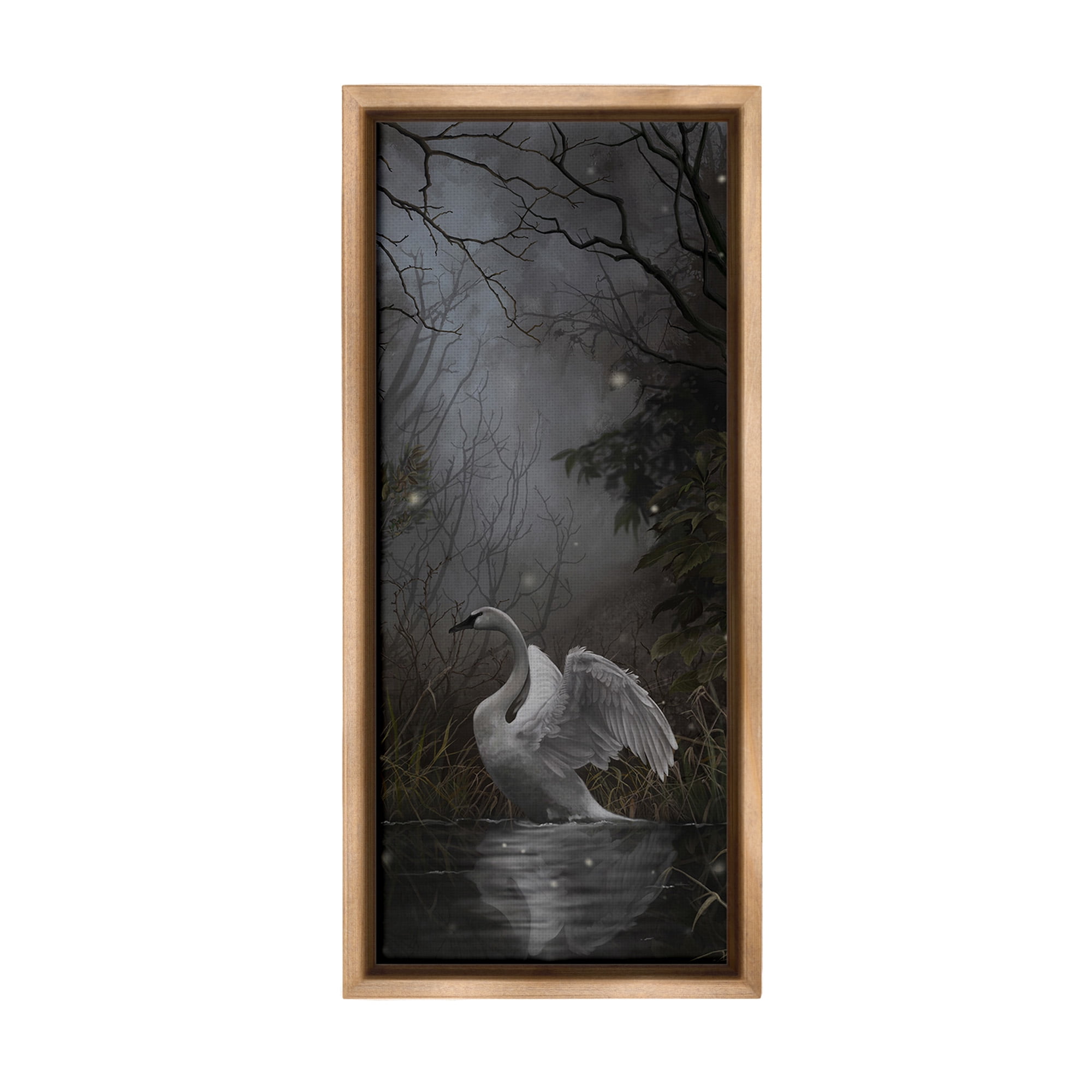 Stupell Industries Swan in Dark Night Pond Animals & Insects Painting Brown Floater Framed Canvas Art Print Wall Art, 11 x 25