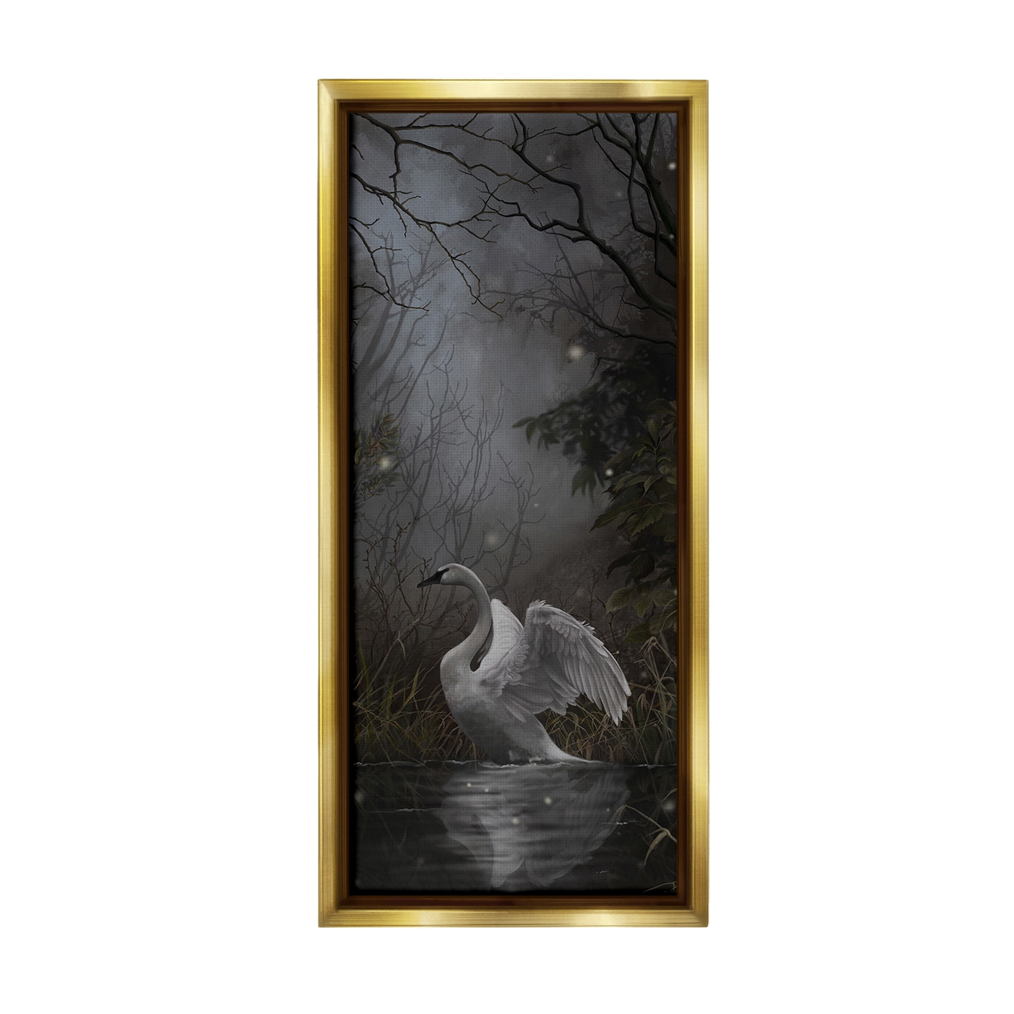 Stupell Industries Swan in Dark Night Pond Animals & Insects Painting Gold Floater Framed Canvas Art Print Wall Art, 11 x 25