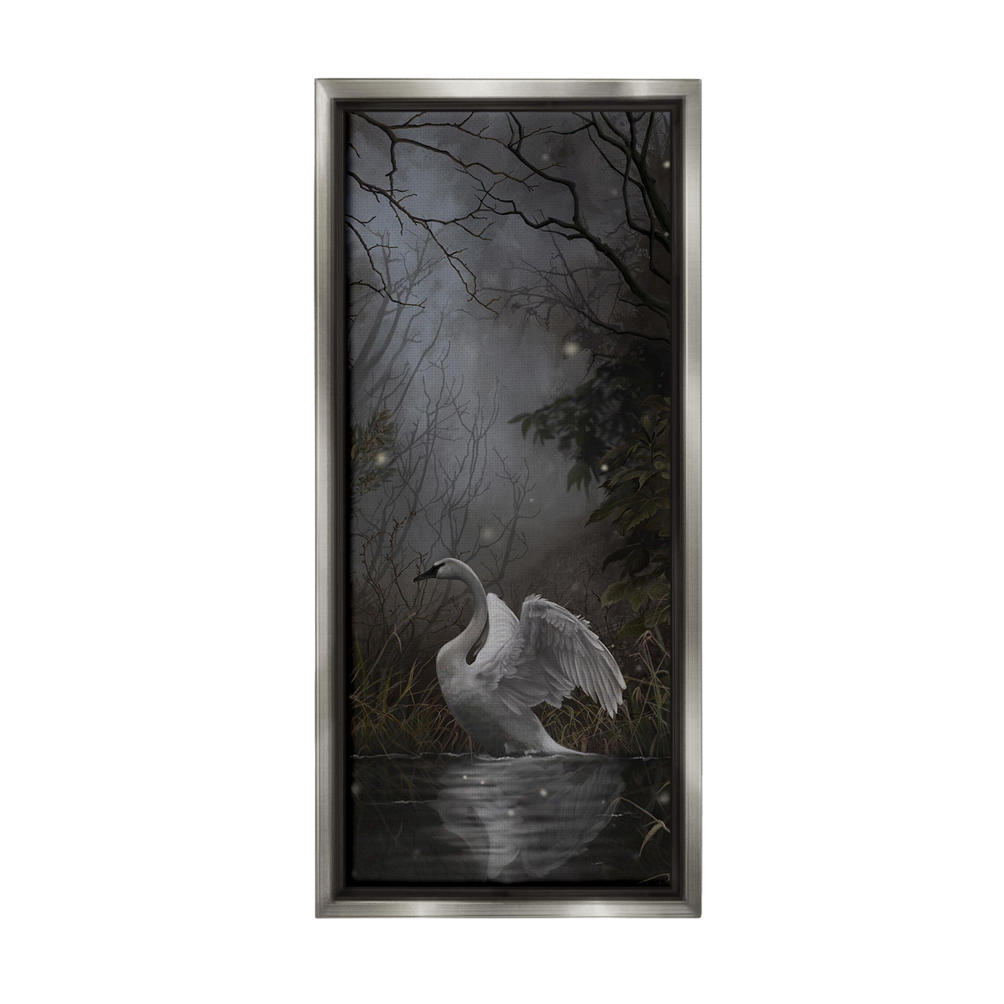 Stupell Industries Swan in Dark Night Pond Animals & Insects Painting Gray Floater Framed Canvas Art Print Wall Art, 14 x 31