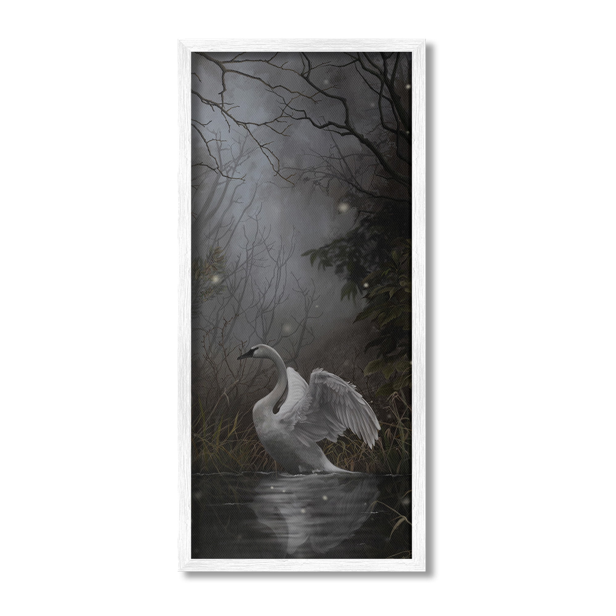 Stupell Industries Swan in Dark Night Pond Animals & Insects Painting White Framed Art Print Wall Art, 13 x 30