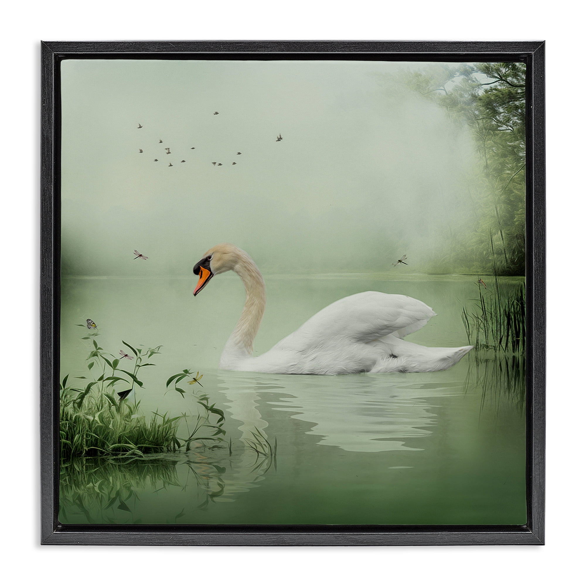 Stupell Industries Swan's Sanctuary Misty Lake Landscape & Nature Painting Black Floater Framed Canvas Art Print Wall Art, 25 x 25