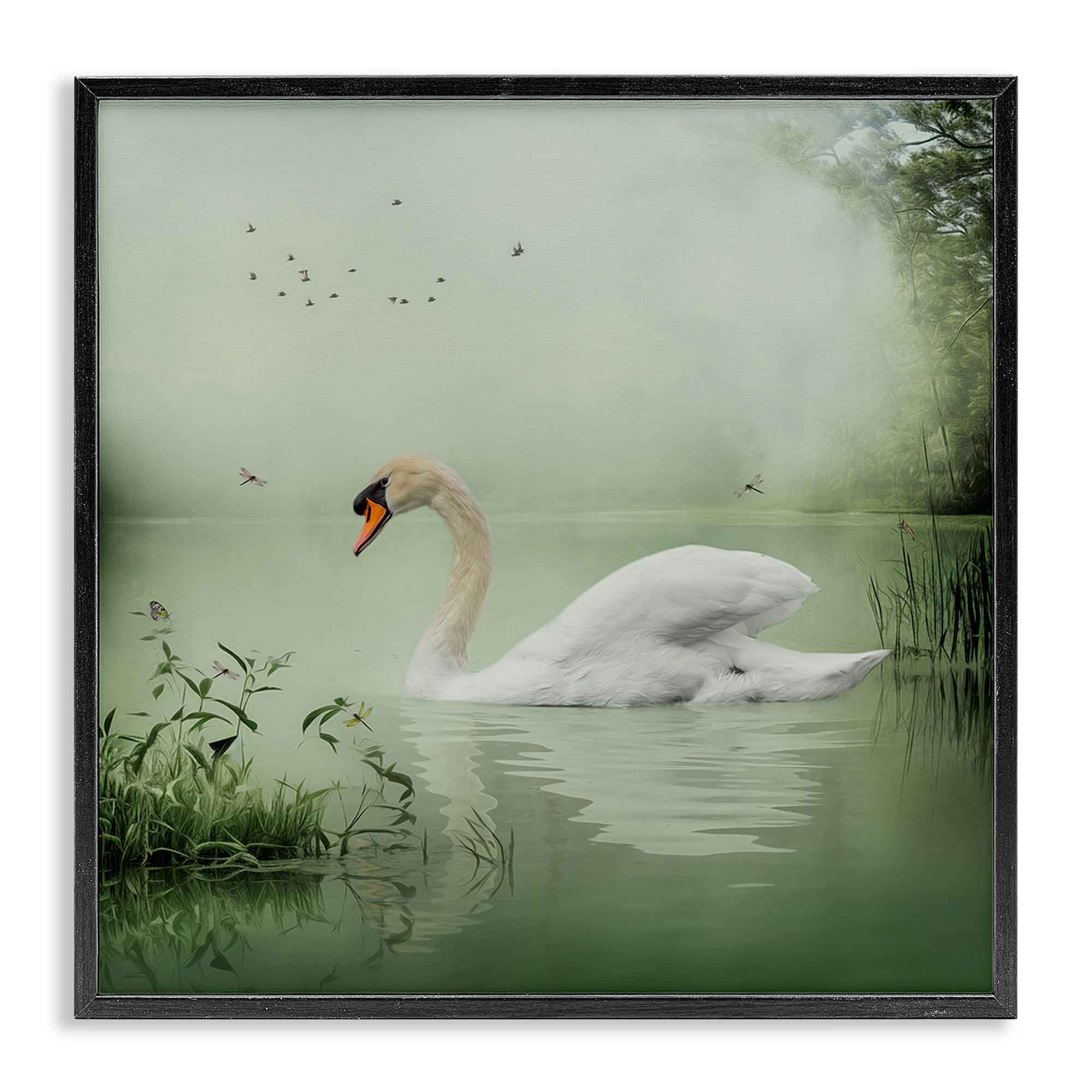Stupell Industries Swan's Sanctuary Misty Lake Landscape & Nature Painting Black Framed Art Print Wall Art, 12 x 12