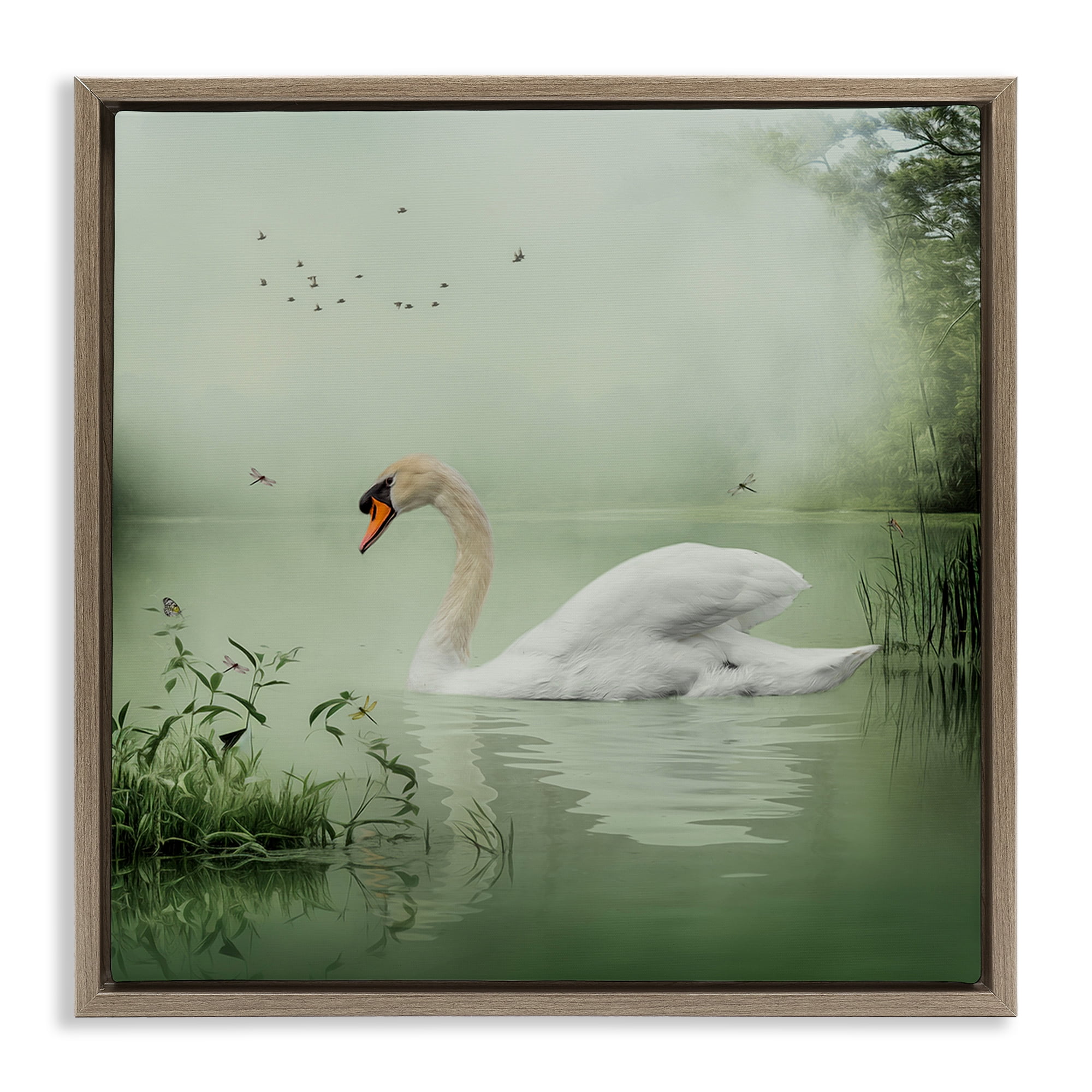 Stupell Industries Swan's Sanctuary Misty Lake Landscape & Nature Painting Brown Floater Framed Canvas Art Print Wall Art, 18 x 18