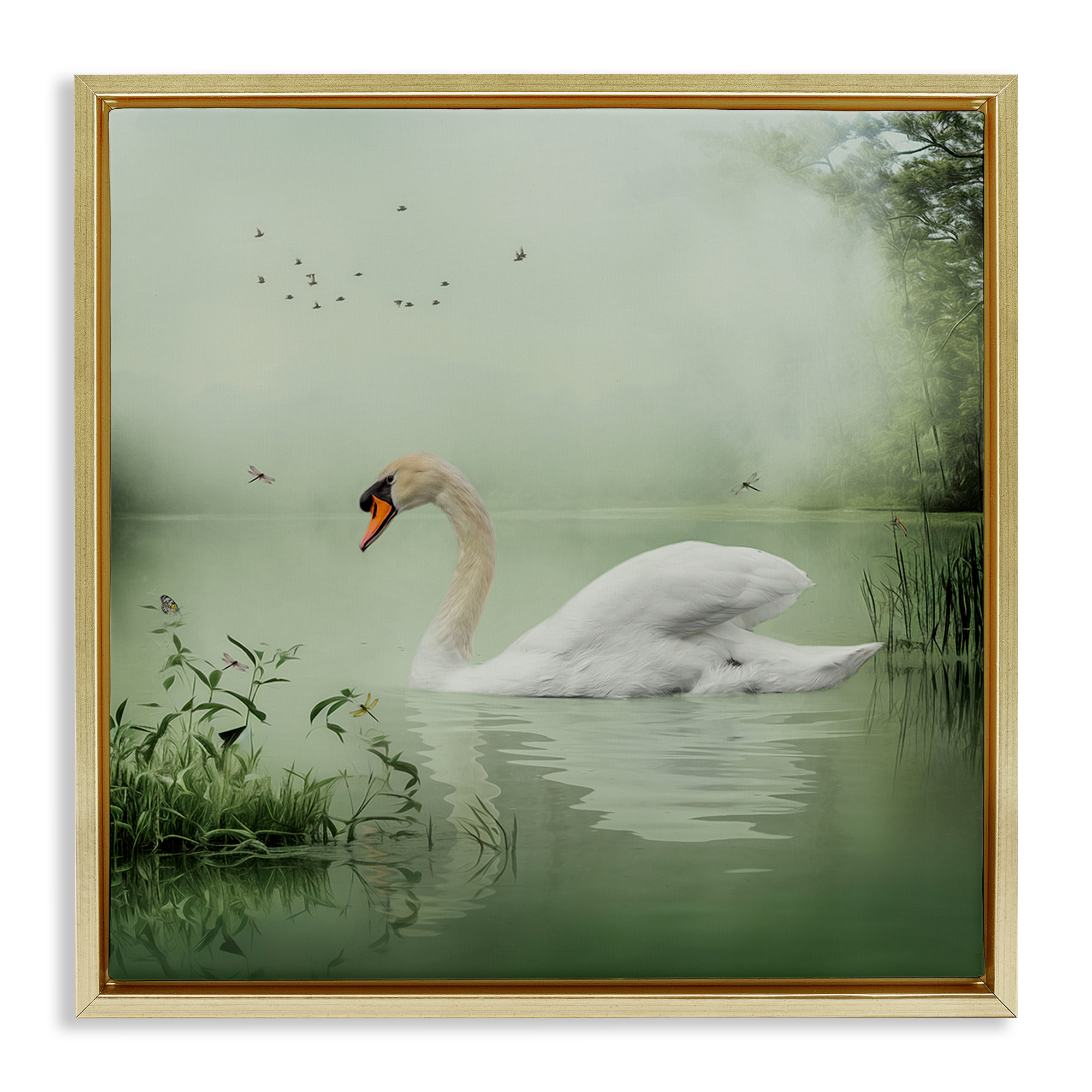 Stupell Industries Swan's Sanctuary Misty Lake Landscape & Nature Painting Gold Floater Framed Canvas Art Print Wall Art, 25 x 25