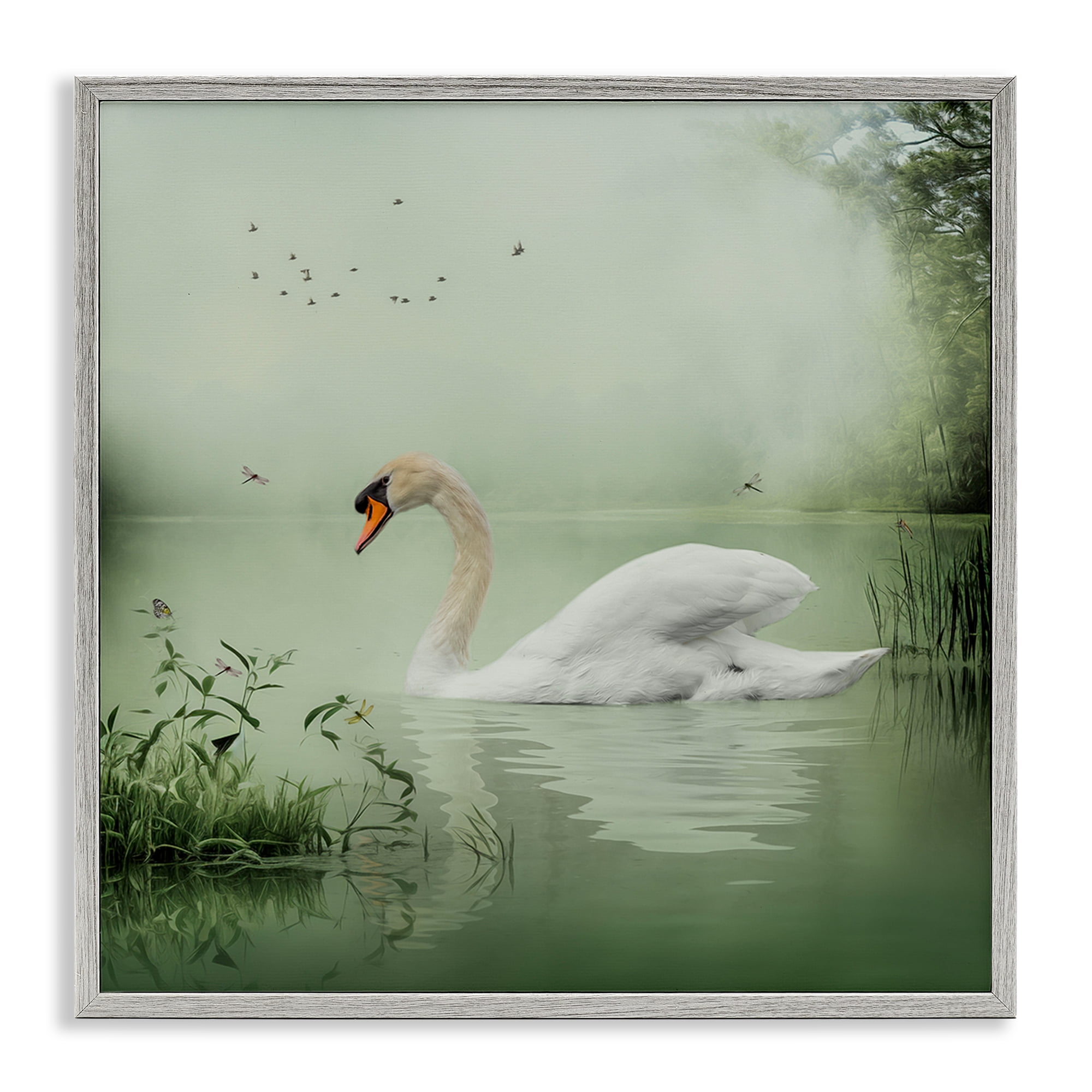 Stupell Industries Swan's Sanctuary Misty Lake Landscape & Nature Painting Gray Framed Art Print Wall Art, 12 x 12