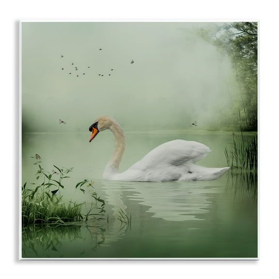 Stupell Industries Swan's Sanctuary Misty Lake Landscape & Nature Painting Unframed Art Print Wall Art, 12 x 12