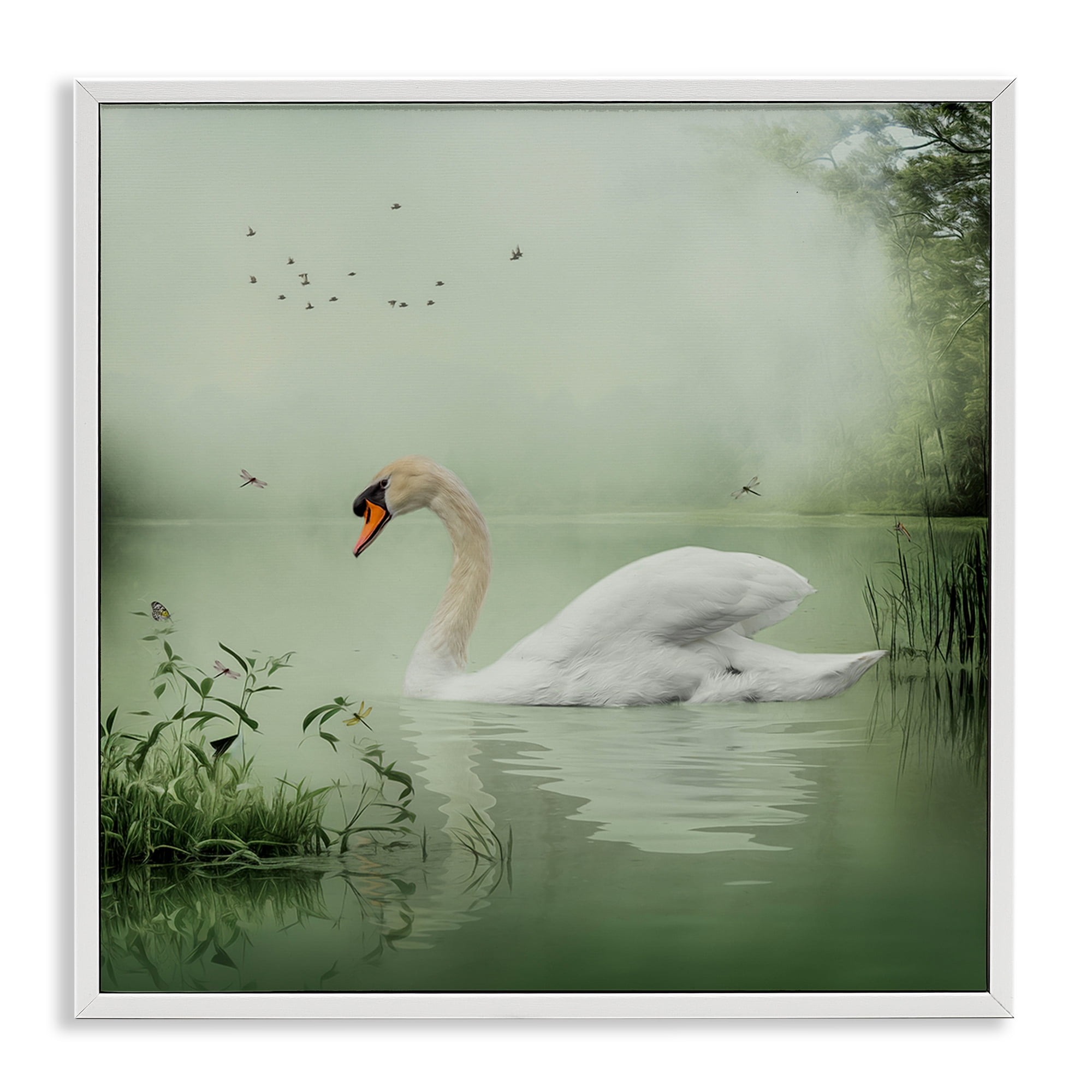 Stupell Industries Swan's Sanctuary Misty Lake Landscape & Nature Painting White Framed Art Print Wall Art, 12 x 12