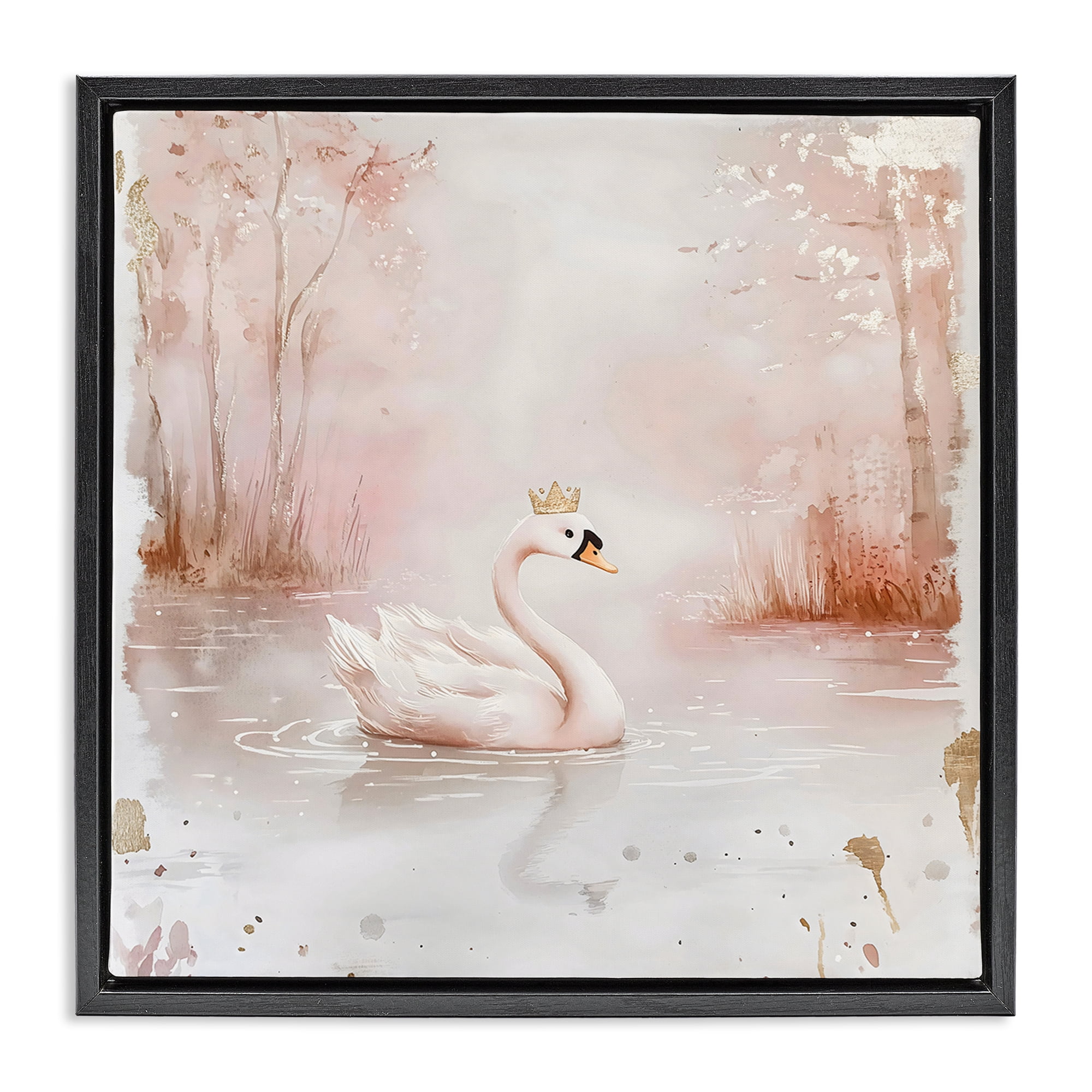 Stupell Industries Swan with Crown in Pastels Black Framed Floater Canvas Wall Art, design by Creative Studio
